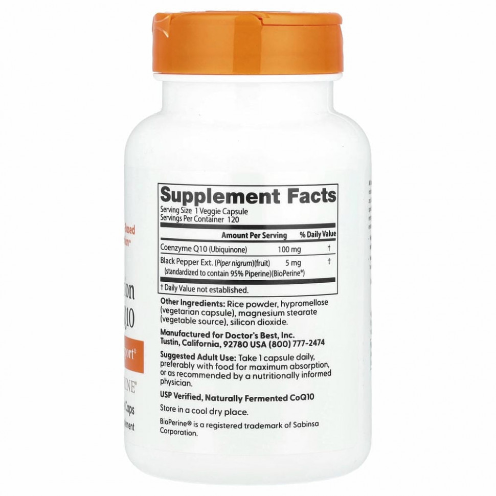 Doctor's Best, коэнзим Q10 с высокой степенью всасывания, с BioPerine, 100 мг, 120 вегетарианских капсул