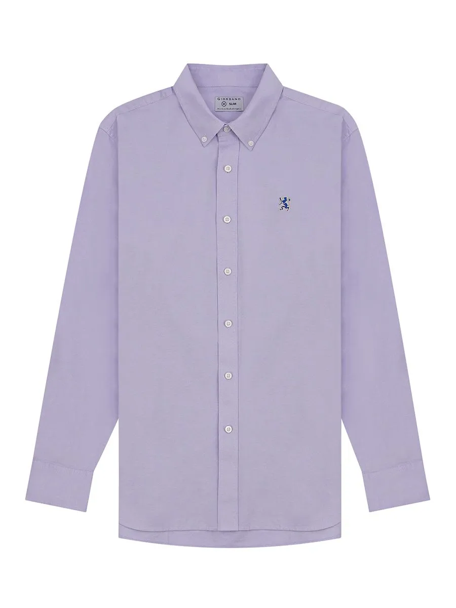 GIORDANO Men's Long Sleeve Embroidery Oxford Shirt  Light Voilet Purple