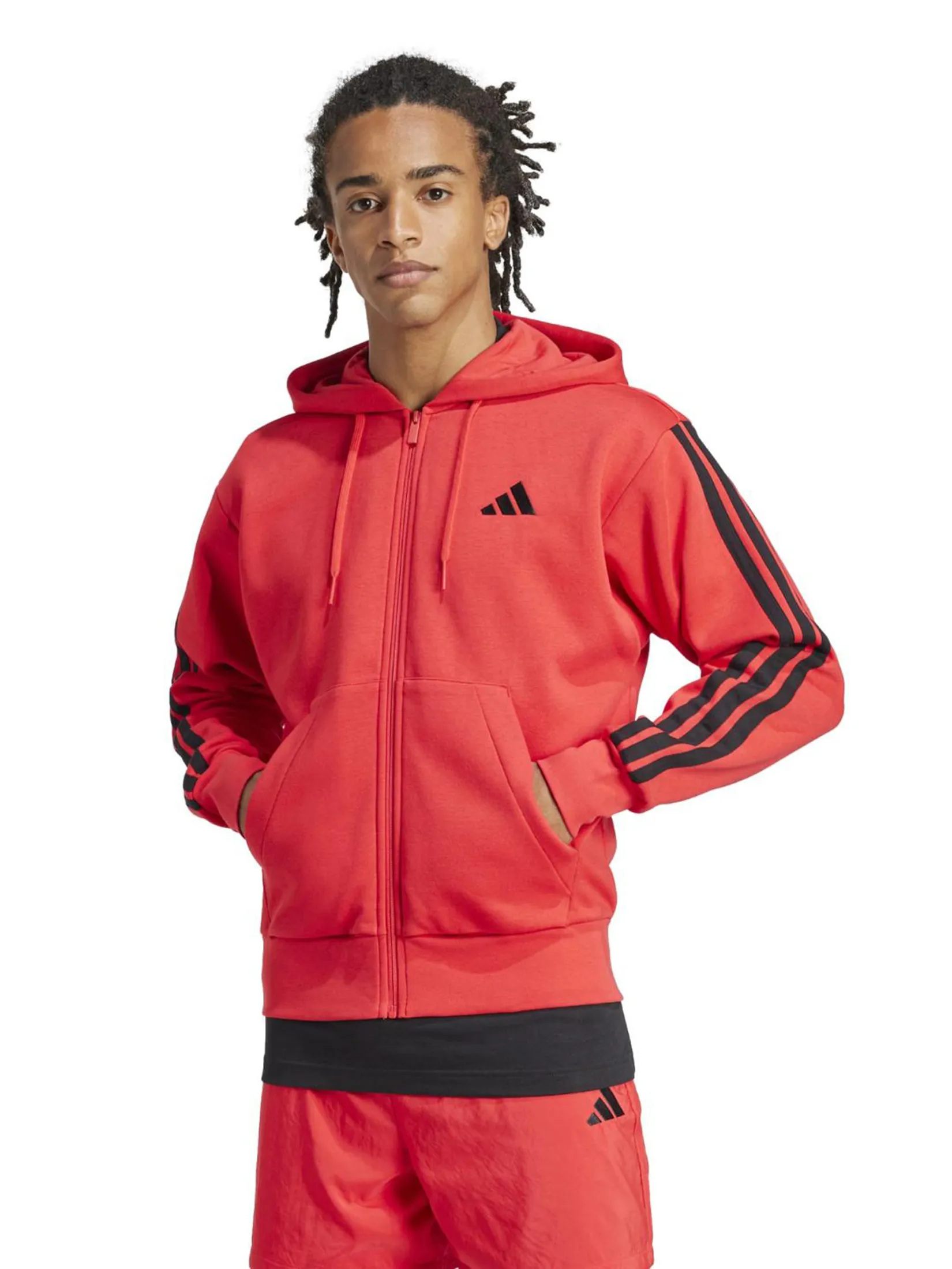 ADIDAS Men Hoodie Essentials 3-Stripes Fleece Pure Ruby / Black