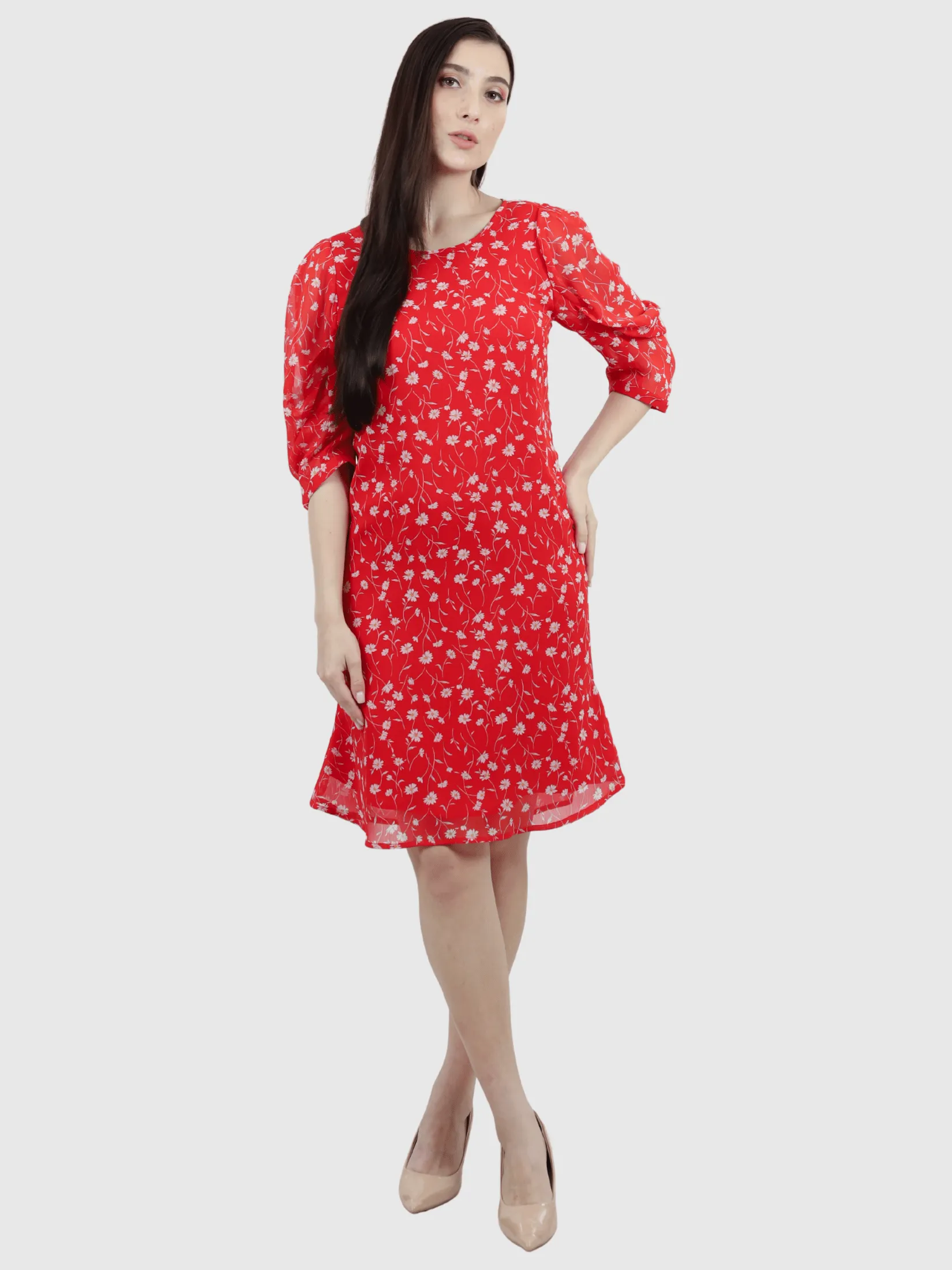 VERONIQA Women Dress Short Sleeves Chiffon Angora Red