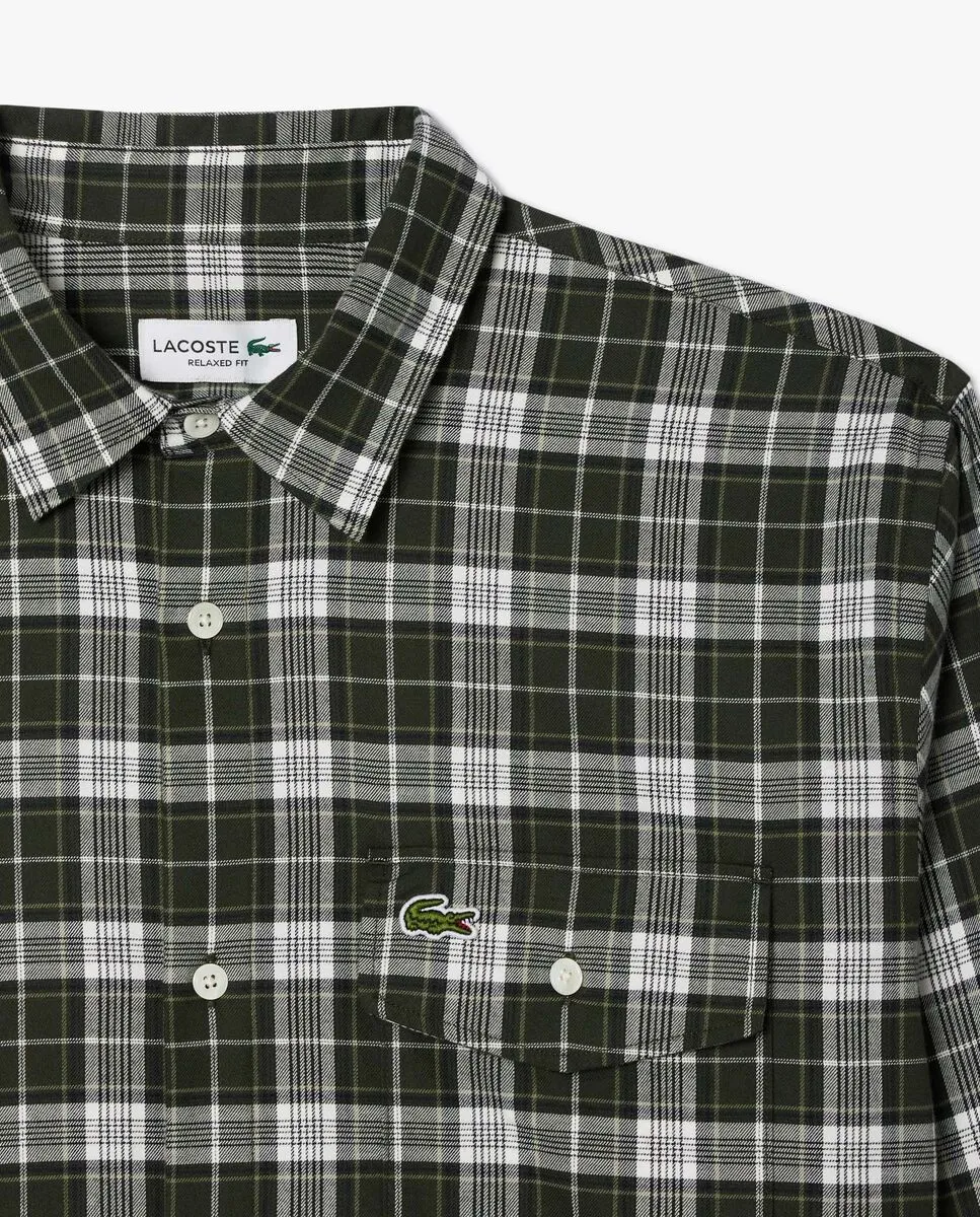 LACOSTE Relaxed Fit Plaid Flannel Overshirt Green
