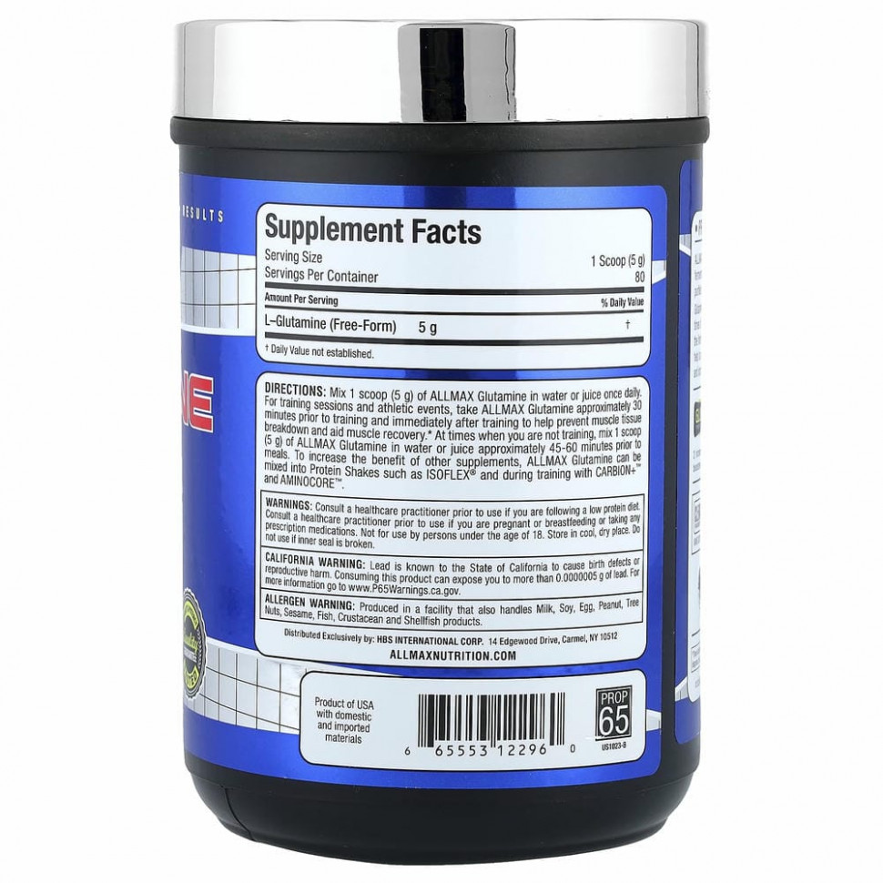 ALLMAX Nutrition, 100% чистый микронизированный глутамин, без глютена, веганский продукт, с сертификатом кошерности, 400 г (14,1 фунтов)