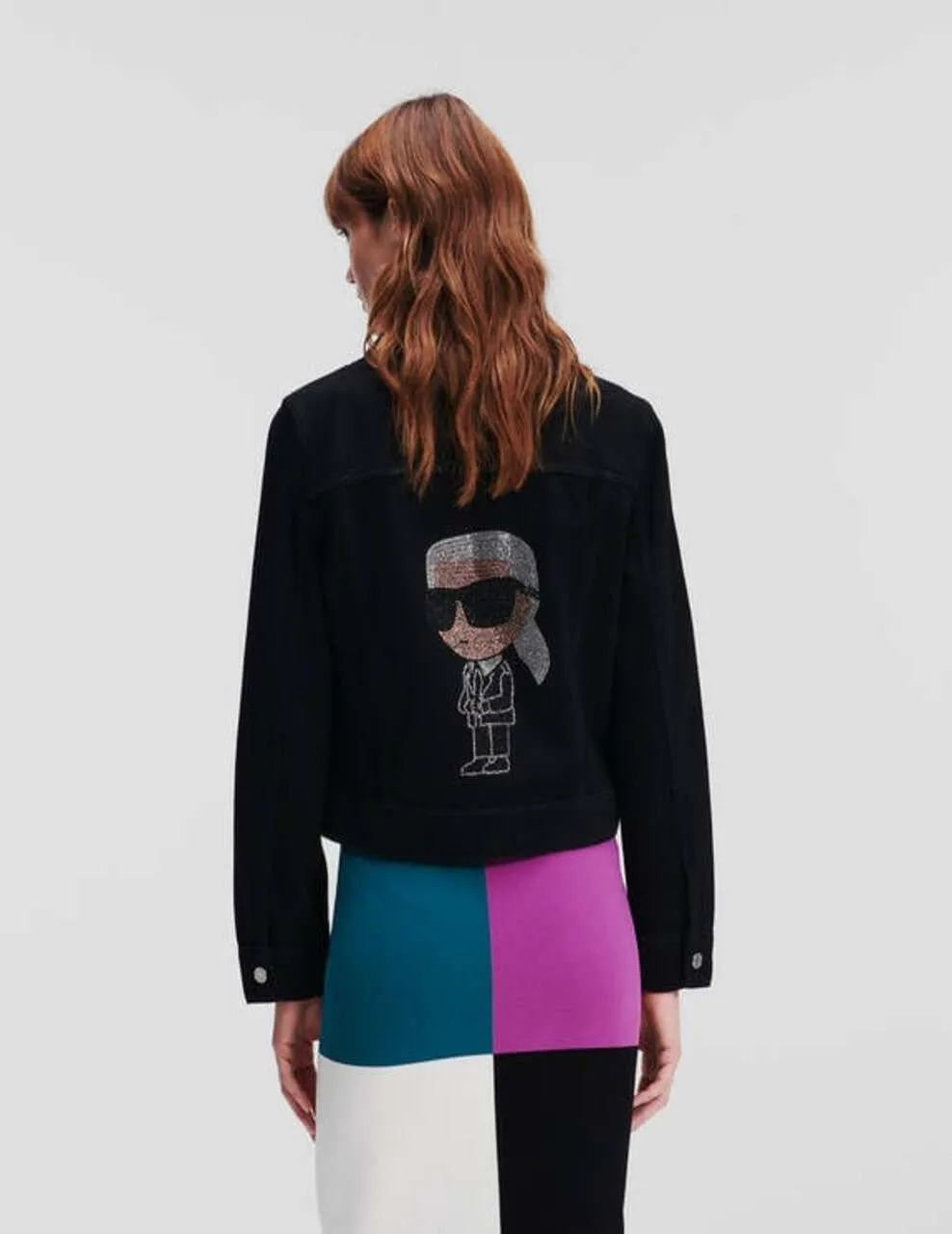 KARL LAGERFELD IKON KARL RHINESTONE WOMEN DENIM JACKET BLACK SOLID