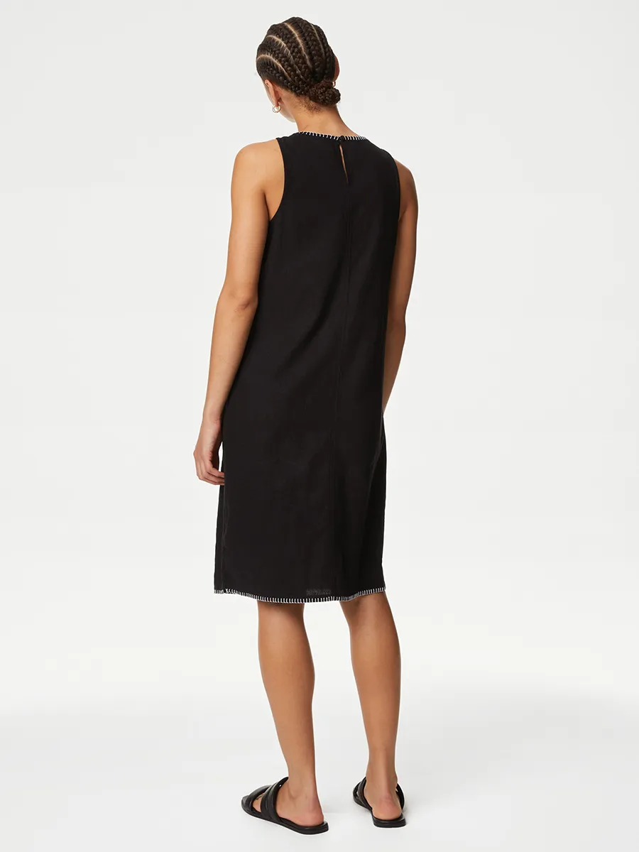 MARKS & SPENCER Women Dress Stitch Detail Shift Linen Rich Black