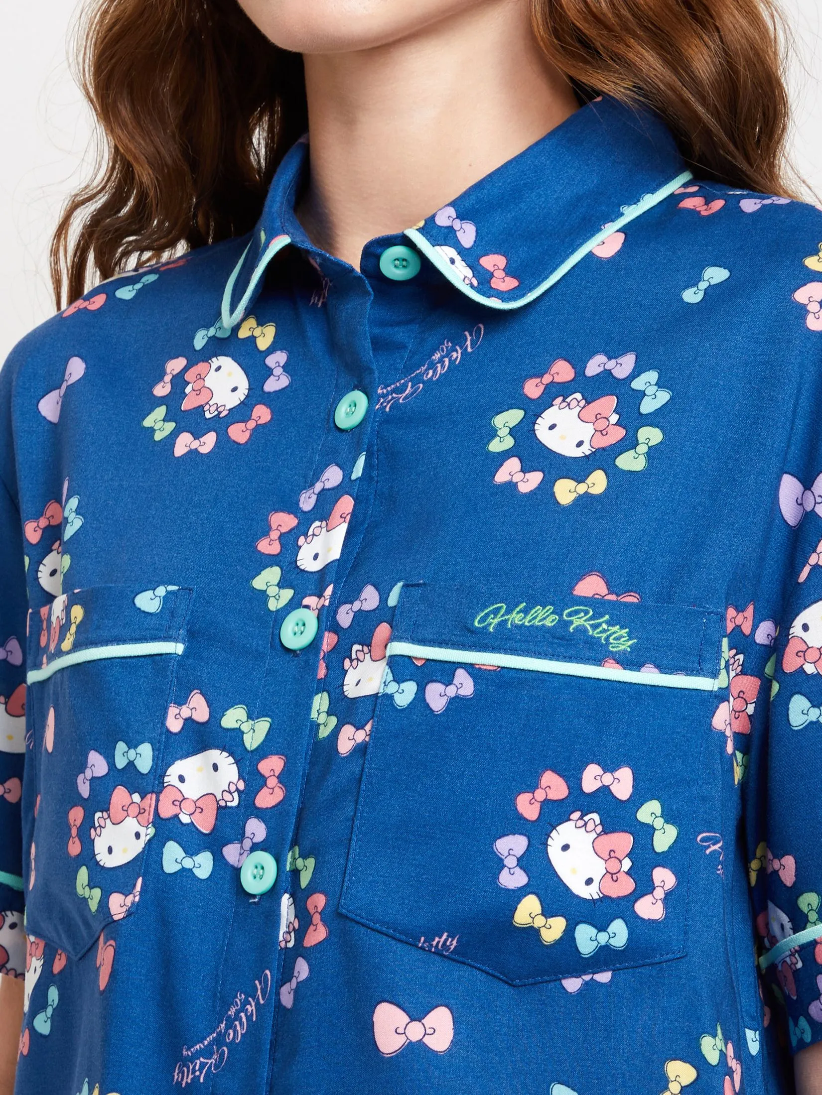 SANRIO Women Pyjamas Shirt Short Sleeves + Shorts Colorful Ribbon Hello Kitty Navy