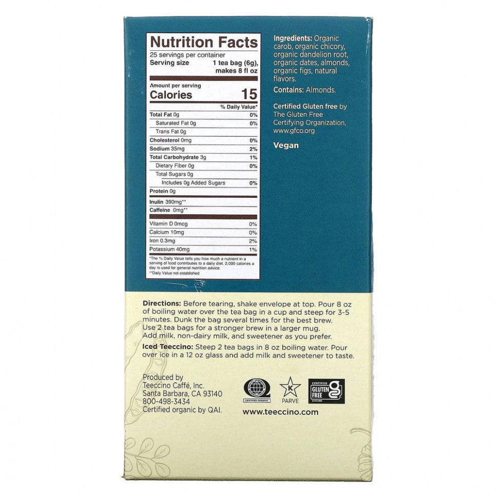 Teeccino, чай из обжаренных трав, одуванчик, карамель и орех, без кофеина, 25 чайных пакетиков, 150 г (5,3 унции)