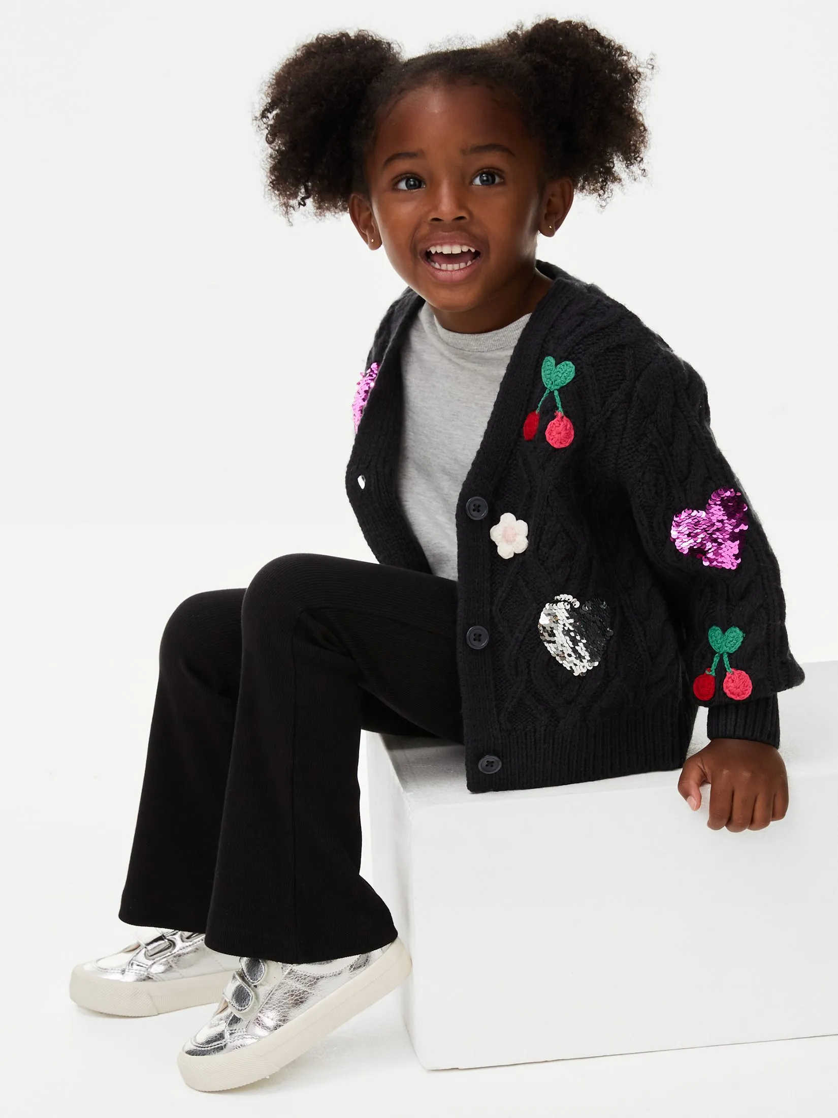 MARKS & SPENCER KIDS Girl Toddler Cardigan Embroidered Sequin Heart Cherry Carbon