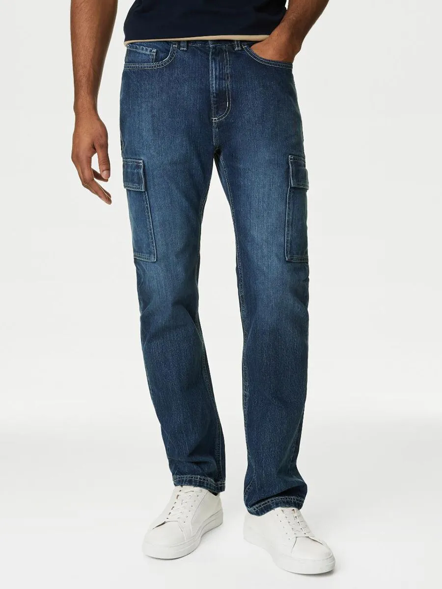 MARKS & SPENCER Men Cargo Jeans Straight Fit Denim E2_Medium Blue