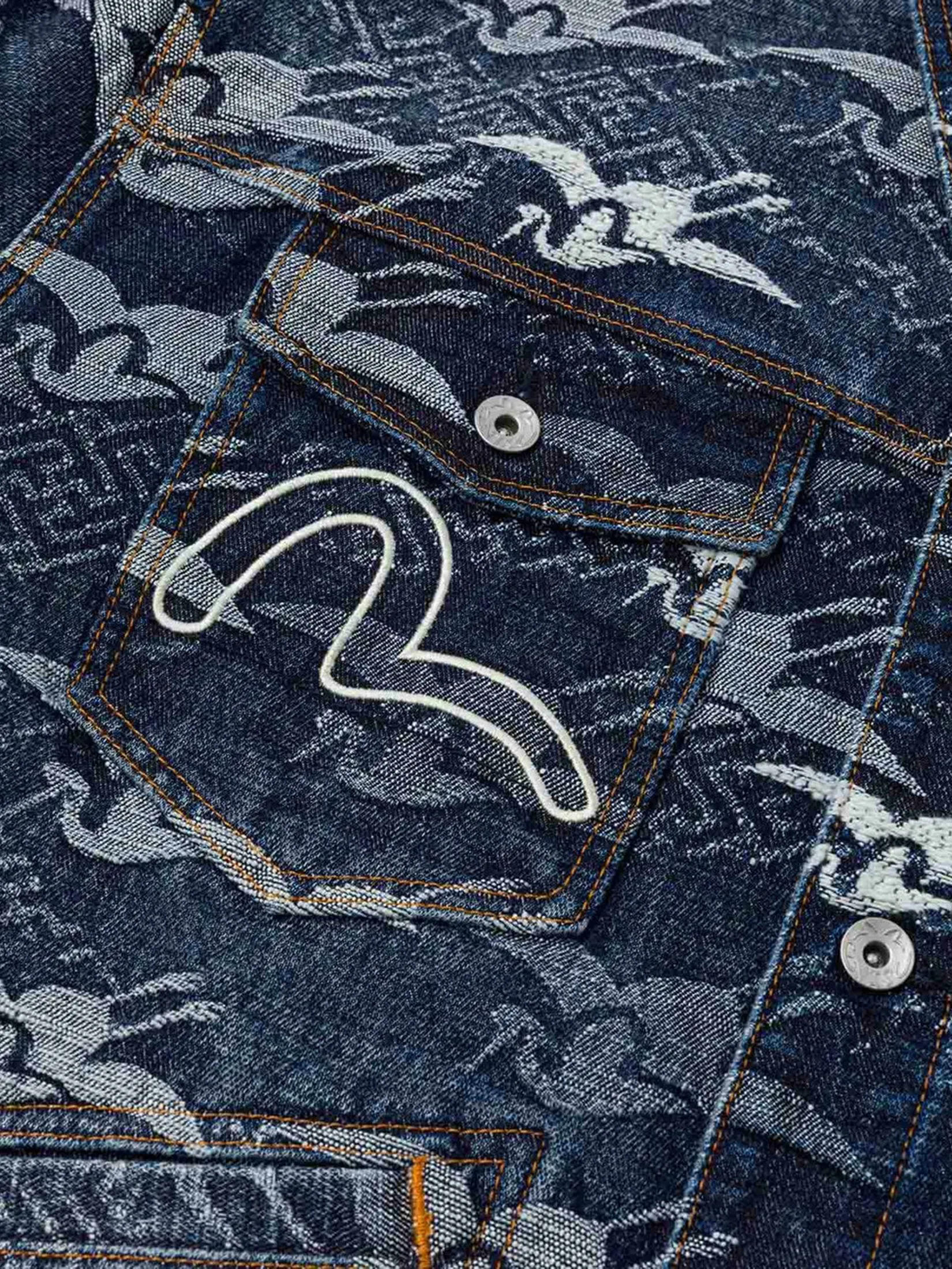 EVISU Men Denim Jacket Allover Seagull Cranes Jacquard Loose Fit Navy