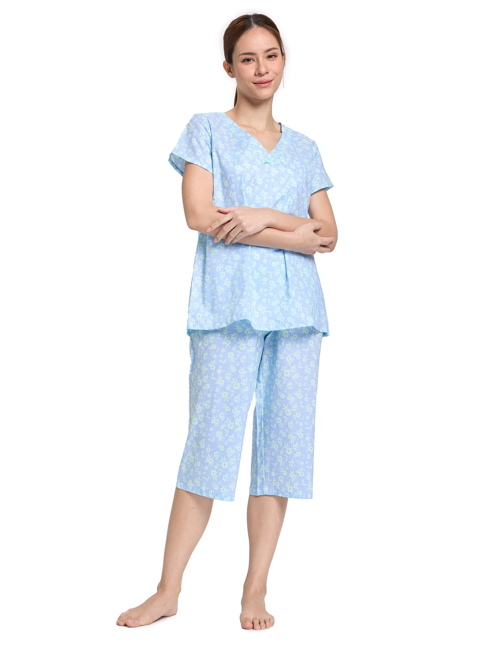 CLAUDIA'S ROMANCE Women Pyjamas Short Sleeves V-Neck + 3/4 Pants Floral Print Blue