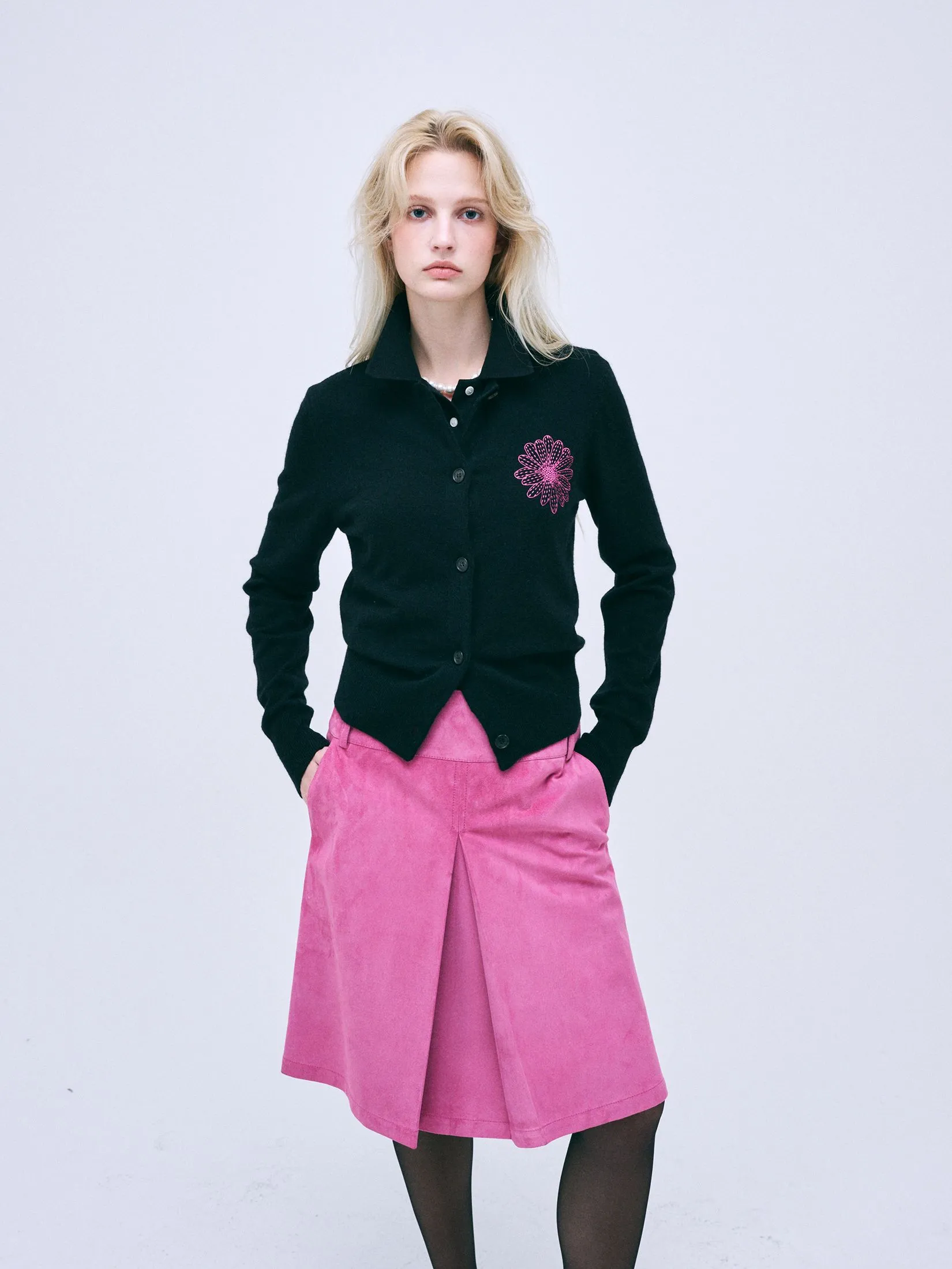 MARDI MERCREDI Raccoon Blended Cardigan Round Neck Black Fuchsia F