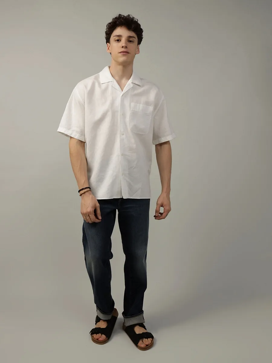AMERICAN EAGLE MEN SS OVERSIZED CAMP COLLAR LINEN SOLIDS 101 AIR WHITE