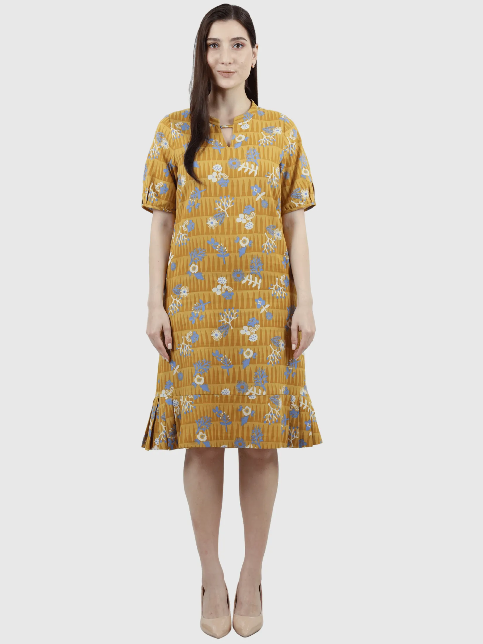 VERONIQA Women Dress Short Sleeves Cotton Print Yellow