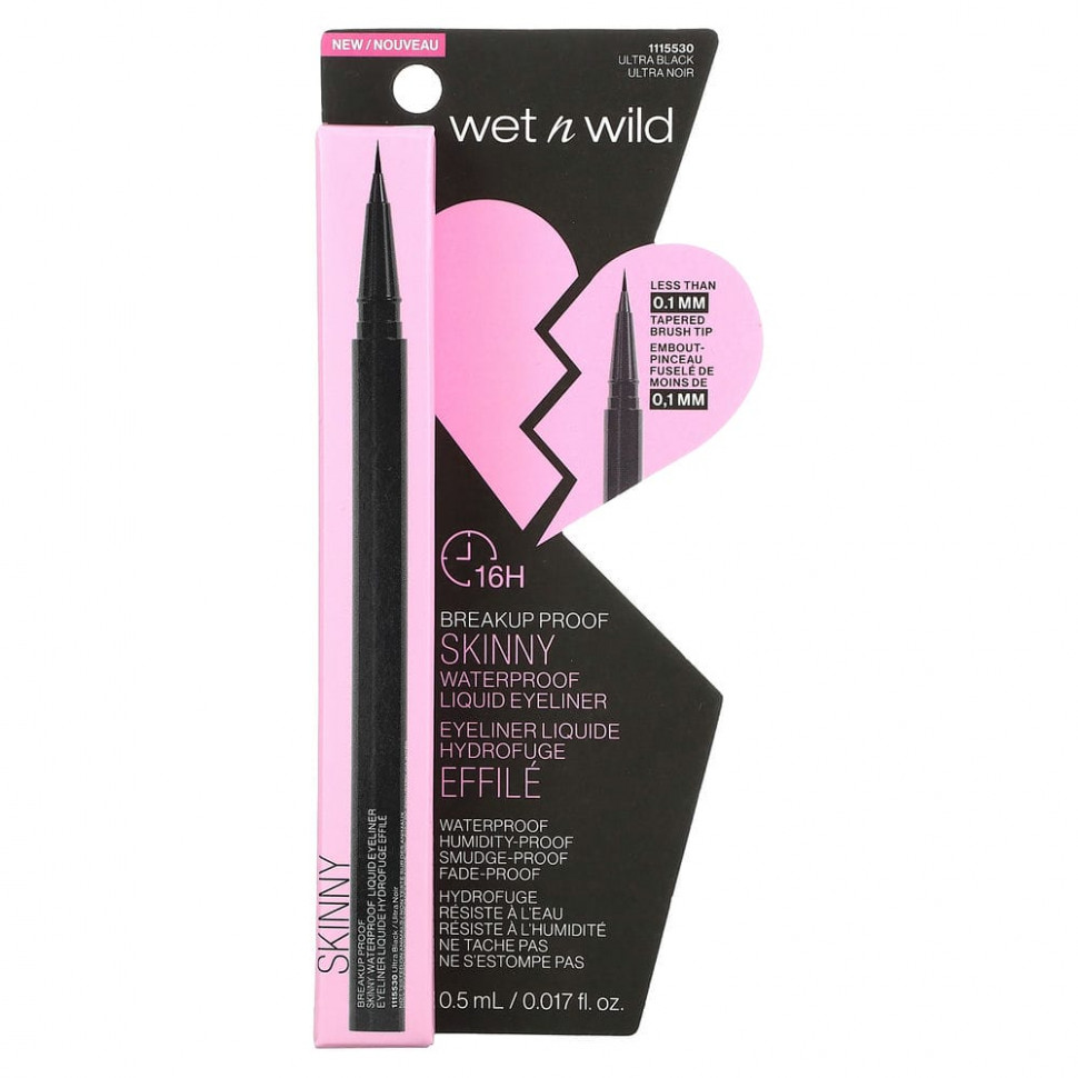 wet n wild, Skinny, водостойкая жидкая подводка для глаз, ультра-черная, 0,5 мл (0,017 жидк. Унции)