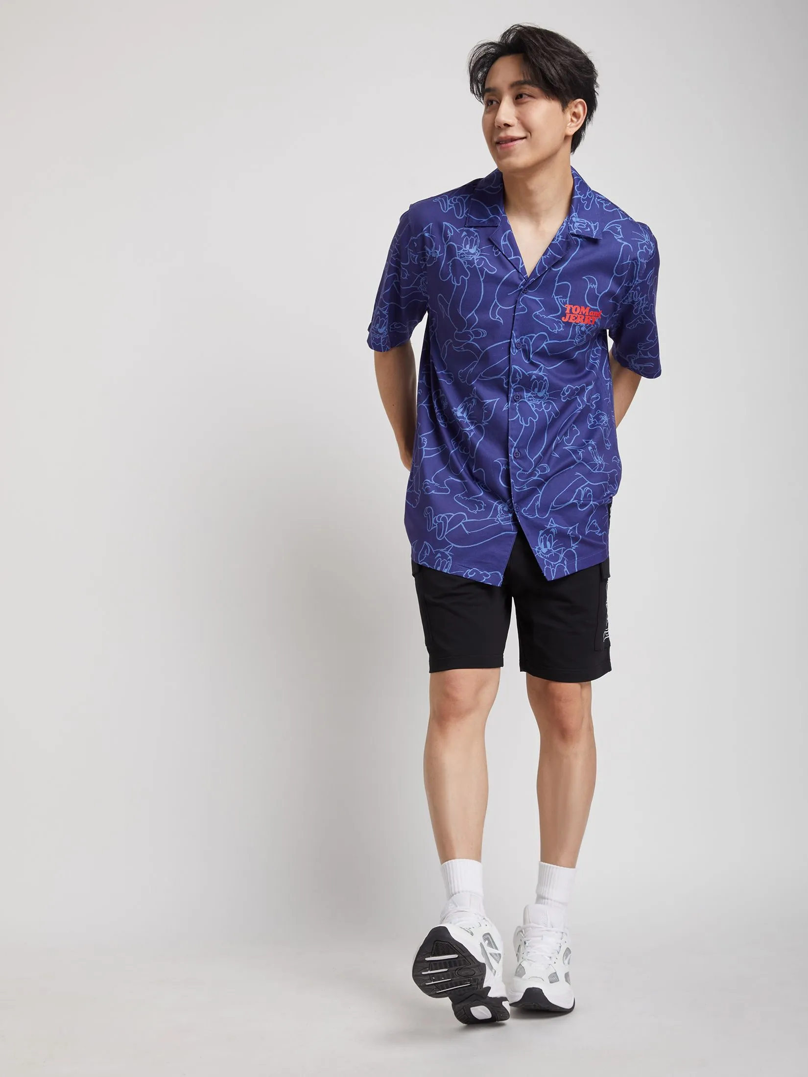 PACIFIC UNION Men Shirt Short Sleeve Oversize Tom and Jerry Navy
