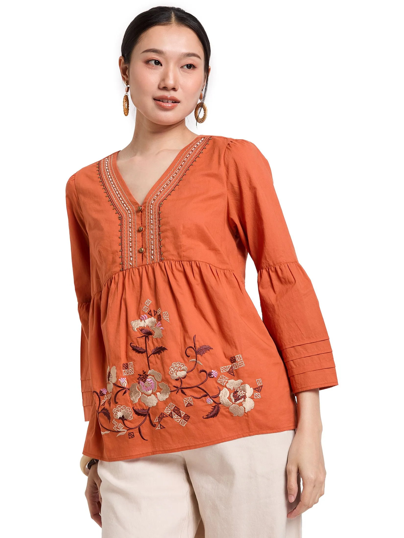 JOURNAL Women Blouse Long Sleeves V-Neck Embroidered