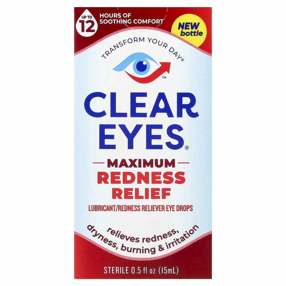 Clear Eyes, Максимальное снятие покраснения, Глазные капли лубриканта / снятия покраснения, 0,5 жидких унций (15 мл)