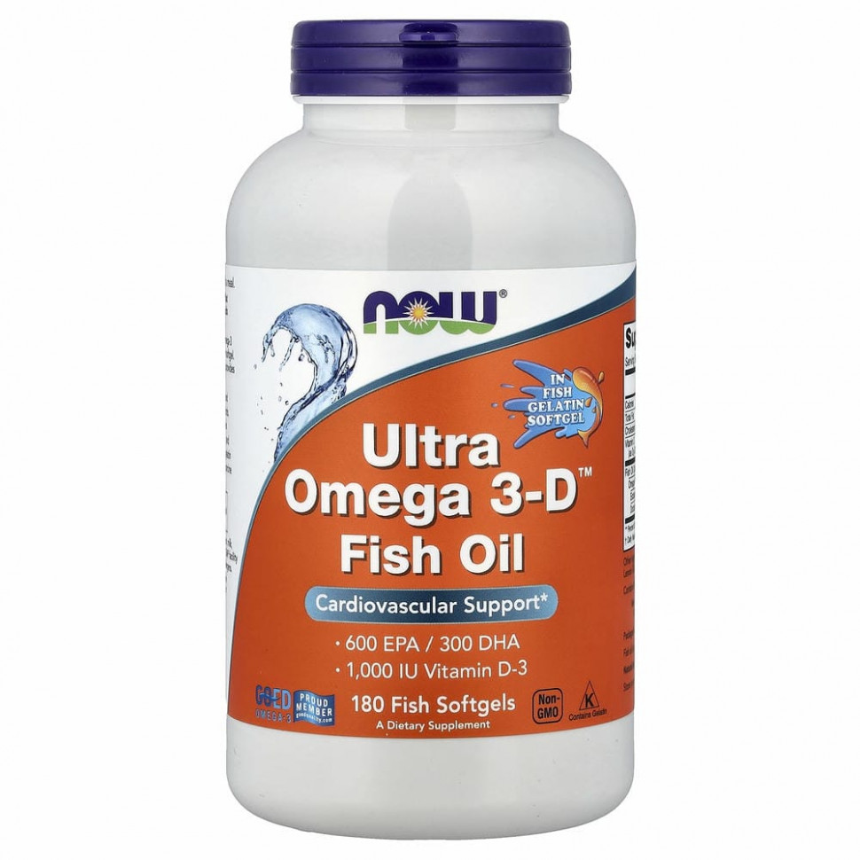 NOW Foods, ультраомега-3 с витамином D, 600 ЭПК / 300 ДГК, 180 капсул из рыбьего желатина