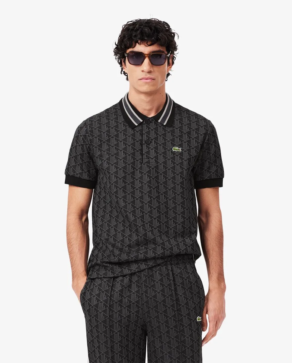 LACOSTE Classic Fit Monogram Jacquard Polo Shirt Black