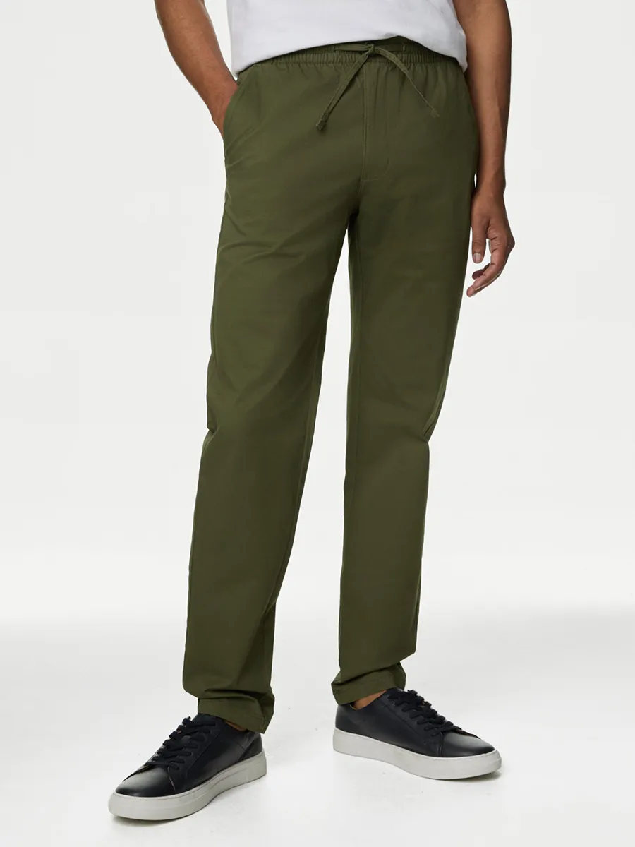 MARKS & SPENCER Men Trousers Tapered Fit Elasticated Waist DQ_Moss