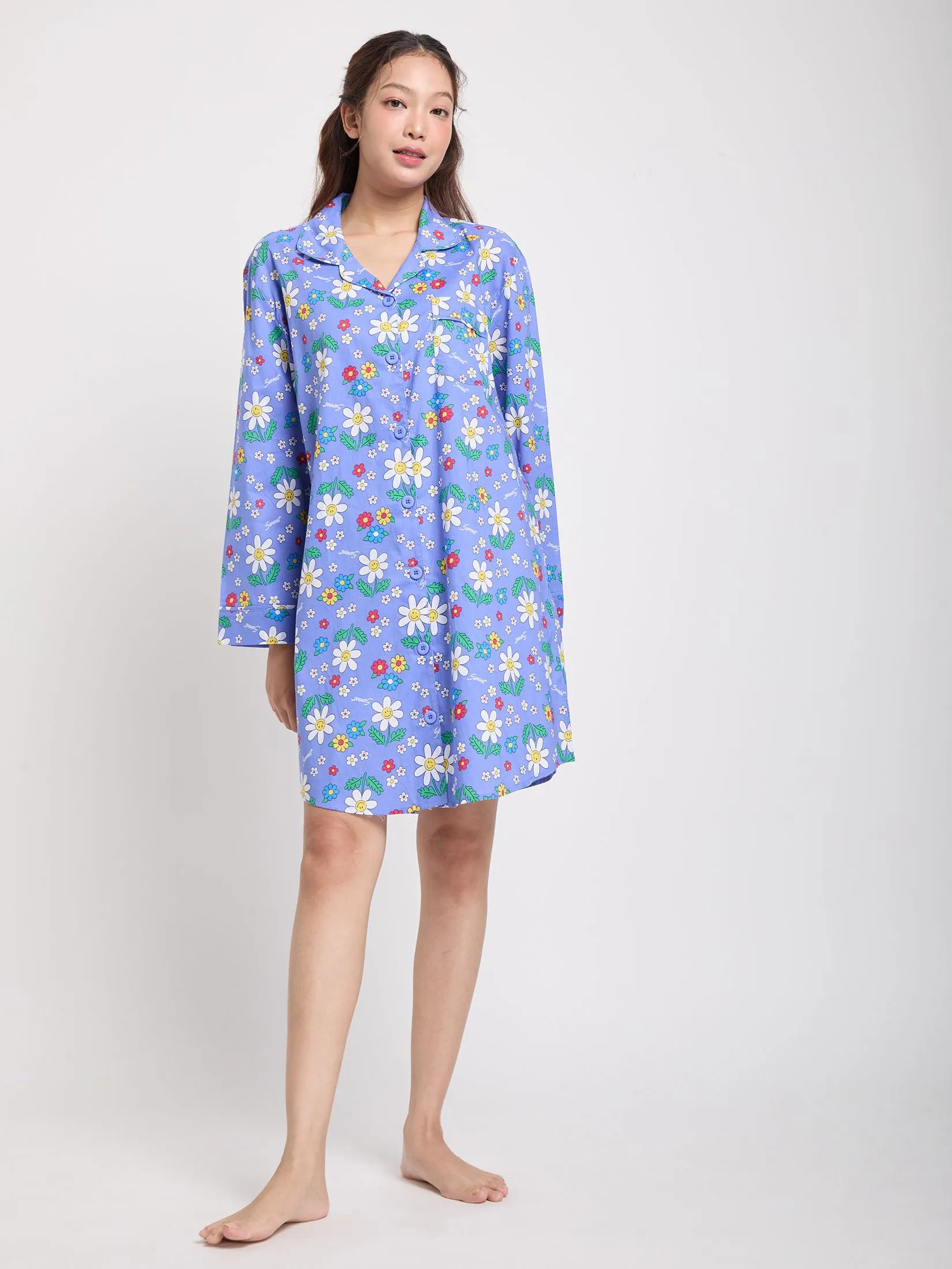 SWEET SENSATIONS Women Pyjamas Dress Long Sleeves Collar Neck Print Navy