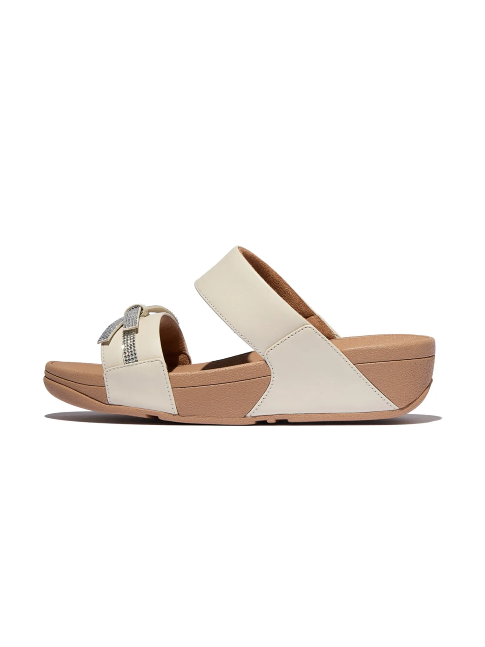 FitFlop™ WOMEN S LULU GLITZ-BOW LEATHER SLIDES BEIGE Size - 3 UK