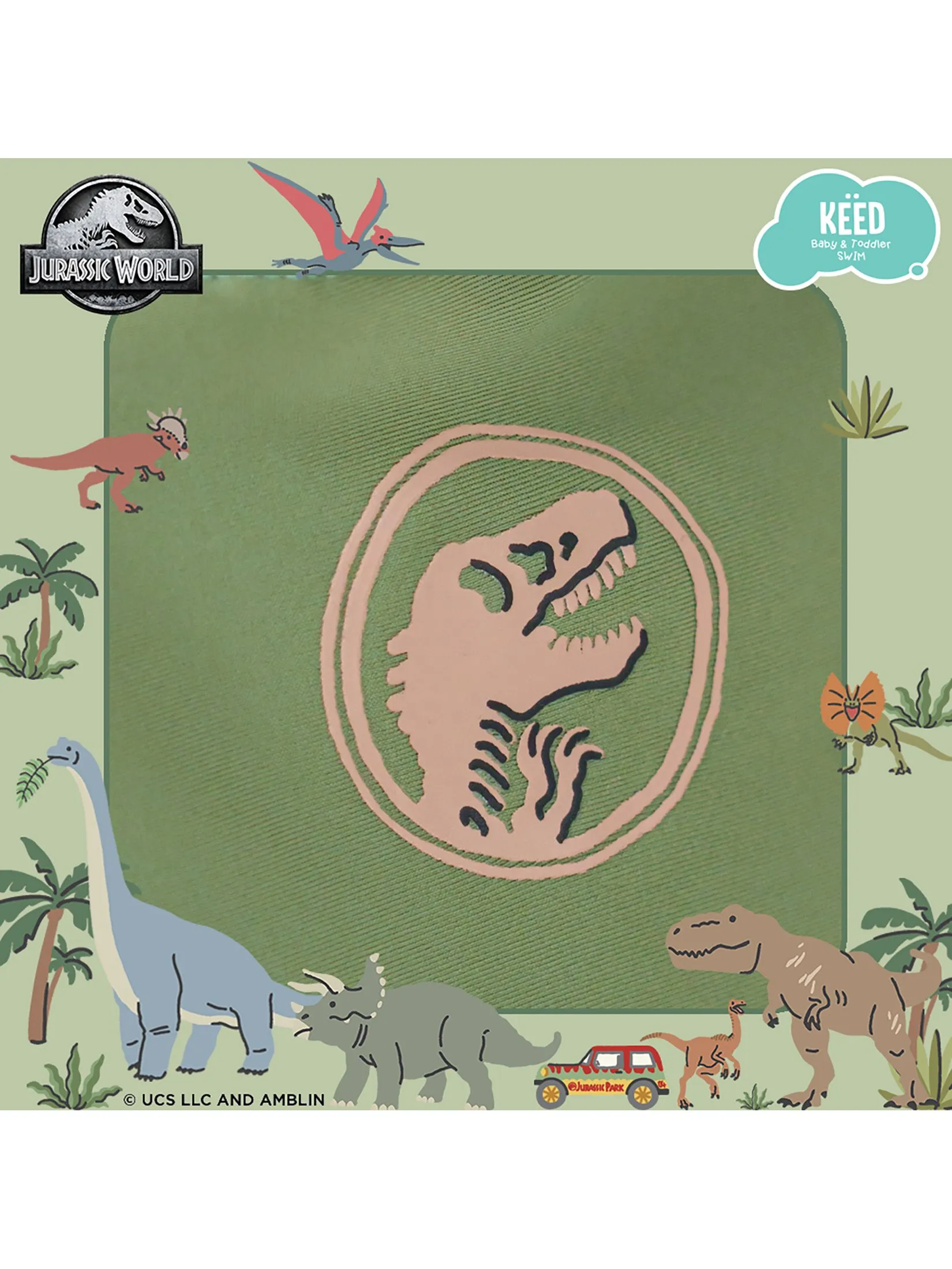 KEED Boy Swimming Set Rashguard Short Sleeves + Shorts Jurassic World Khaki Green