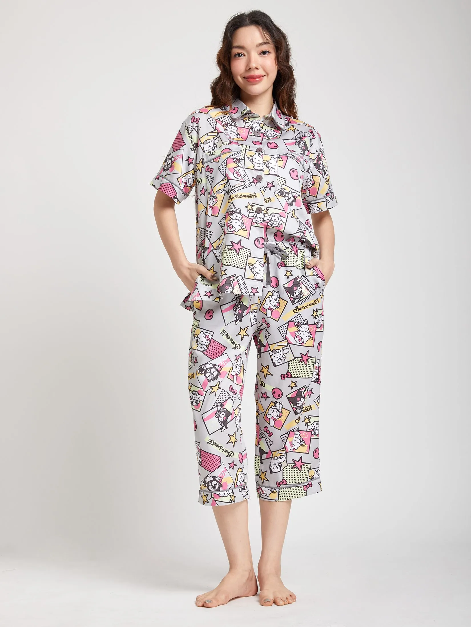 SANRIO Women Pyjamas Short Sleeves Shirt Pants Mix Character Grey