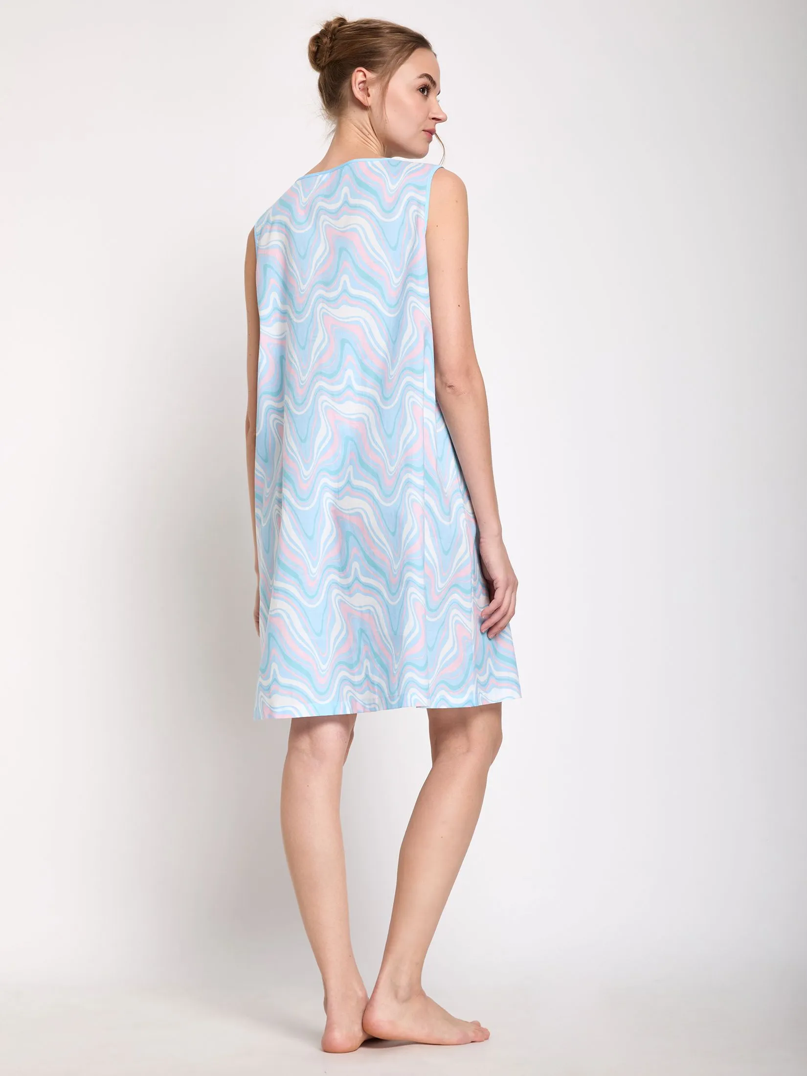 CLAUDIA'S ROMANCE Women Pyjamas Dress Sleeveless Round Neck Marble Swirl Light Blue