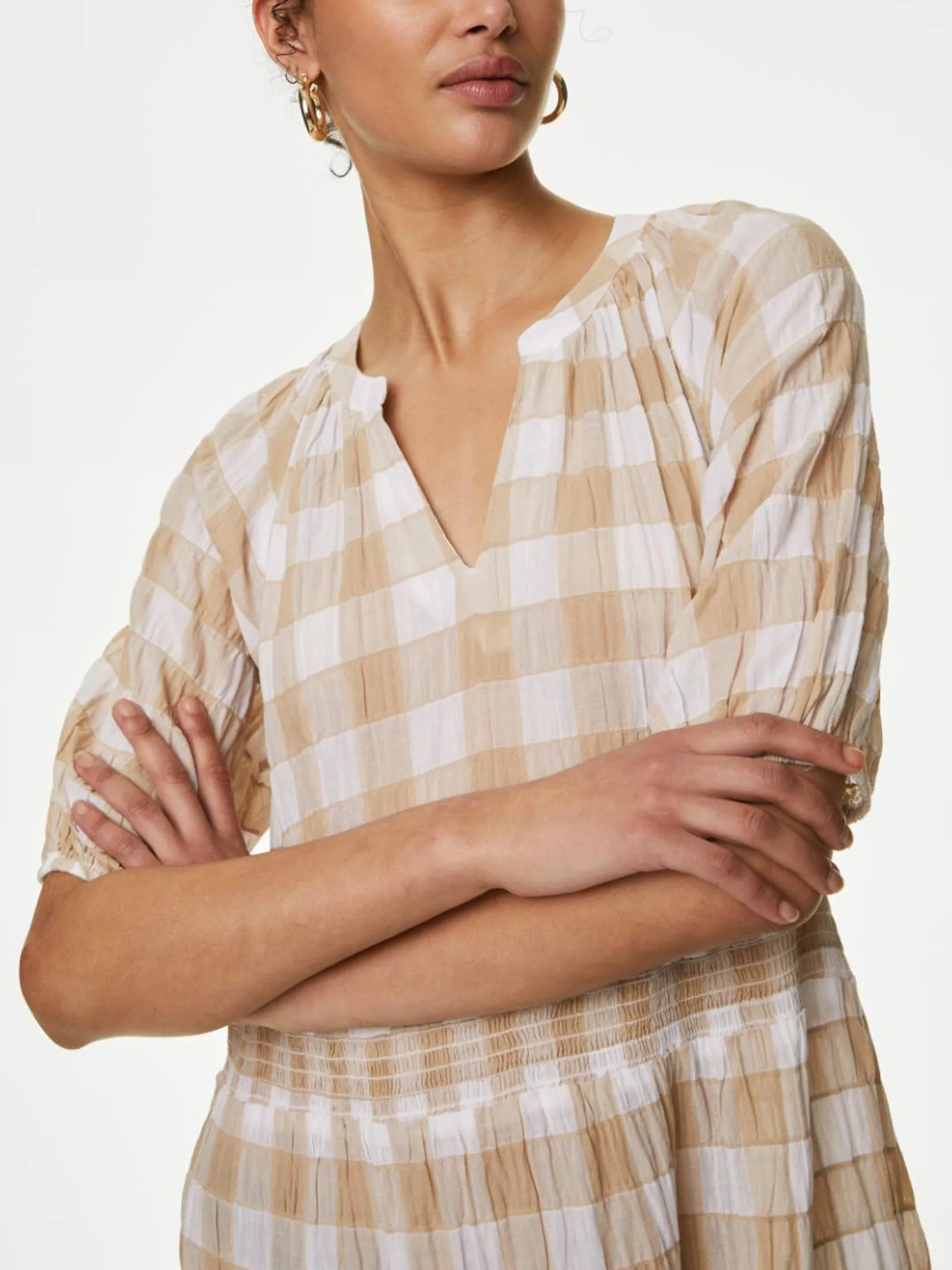 MARKS & SPENCER Women Mini Tiered Dress Cotton Rich Checked Natural Mix