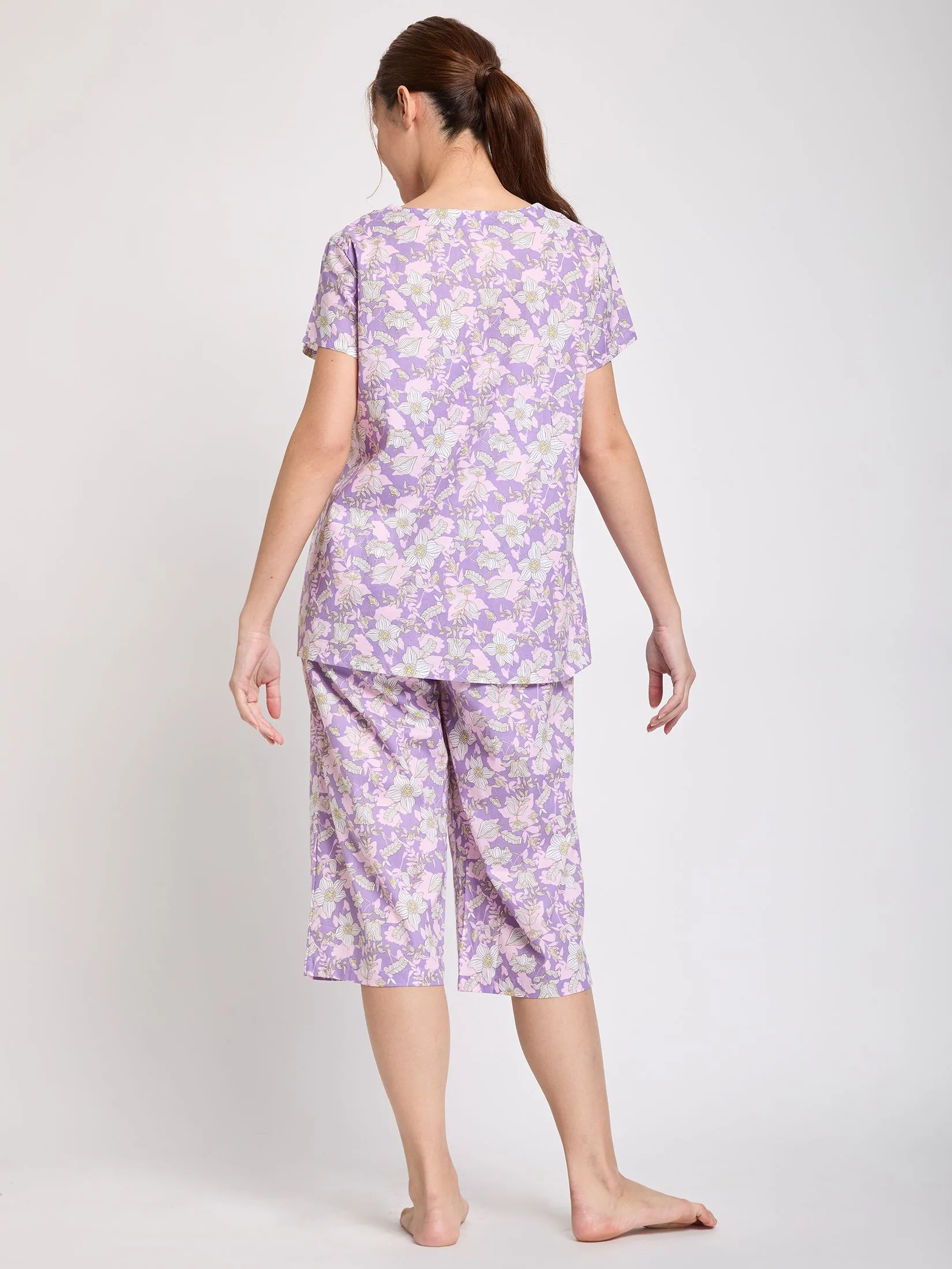 CLAUDIA'S ROMANCE Women Pyjamas Short Sleeves V-Neck + 3/4 Pants Print Violet