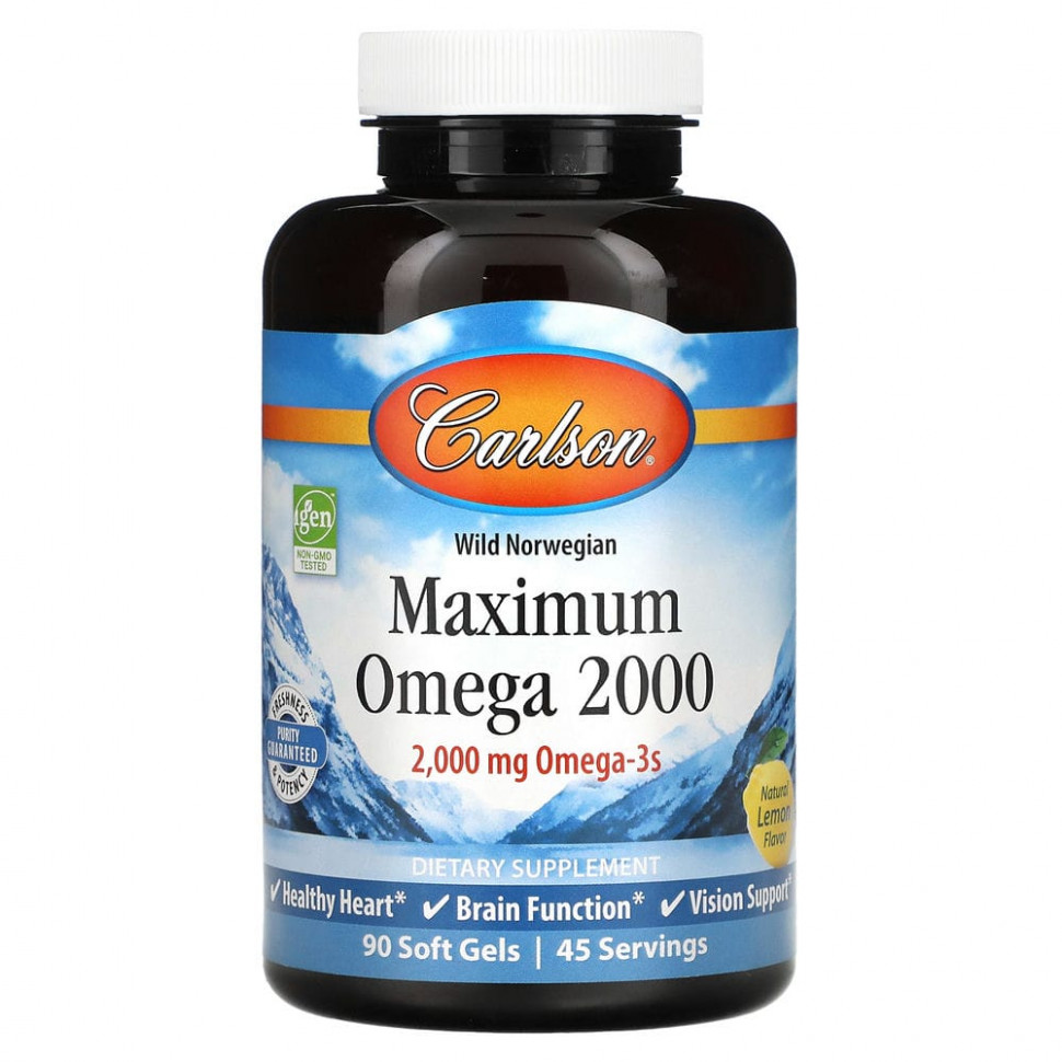 Carlson Labs, Максимум Омега 2000, Натуральный вкус лимона, 1,000 мг, 90 мягких таблетки