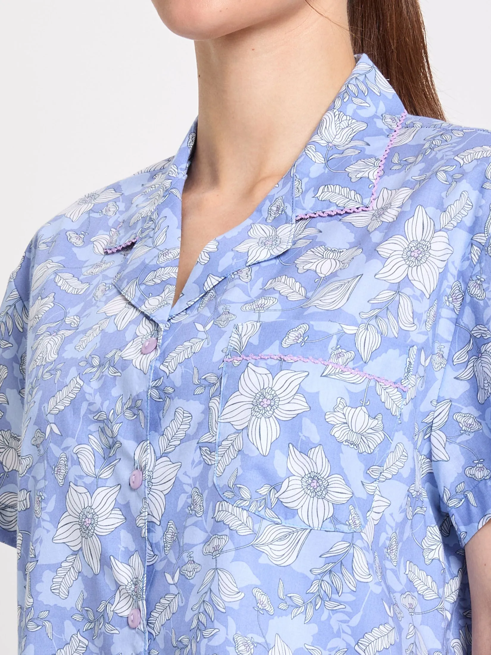 CLAUDIA'S ROMANCE Women Pyjamas Hawaii Shirt Short Sleeves + Cropped Pants Print Blue