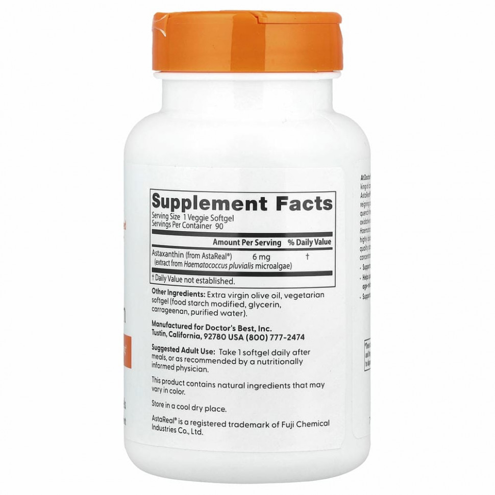 Doctor's Best, астаксантин с AstaReal, 6 мг, 90 растительных капсул