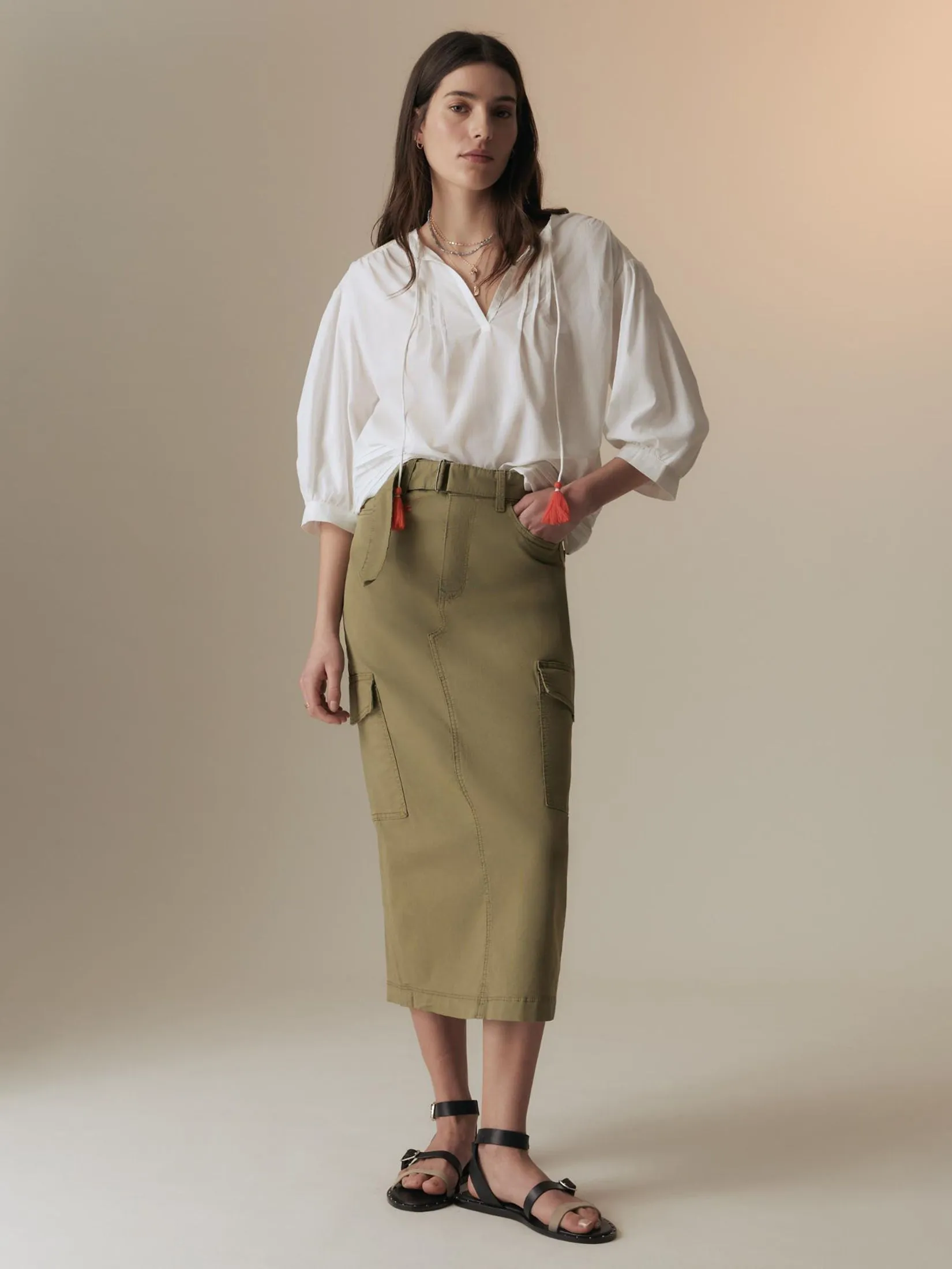 MARKS & SPENCER Women Midaxi Cargo Skirt Cotton Rich Light Khaki
