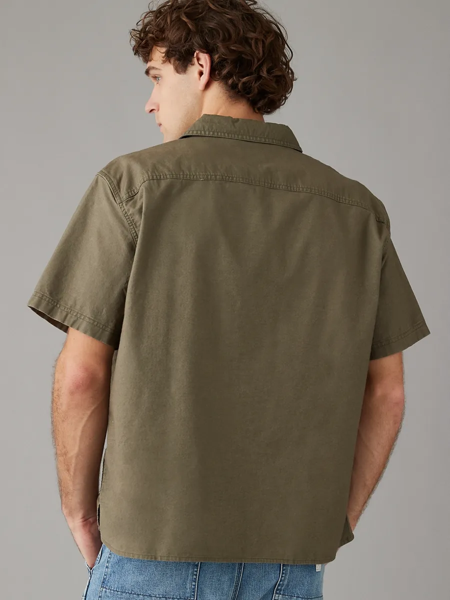 AMERICAN EAGLE MEN OLIVE CLAY SS OVERSIZED CAMP COLLAR PC DYE STRETCH OXFORD 339 HIKER OLIVE