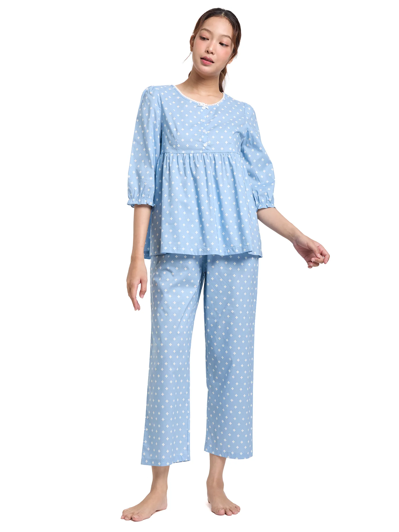 CLAUDIA'S ROMANCE Women Pyjamas Shirt Long Sleeves + Cropped Pants Light Blue
