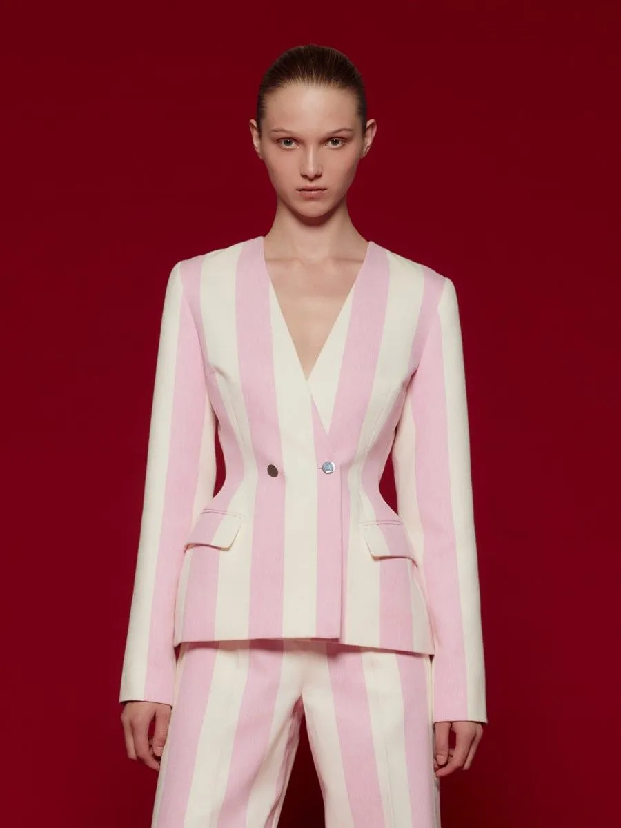 ASAVA ( SS24 ) Striped Collarless Women Blazer Pink Size - L