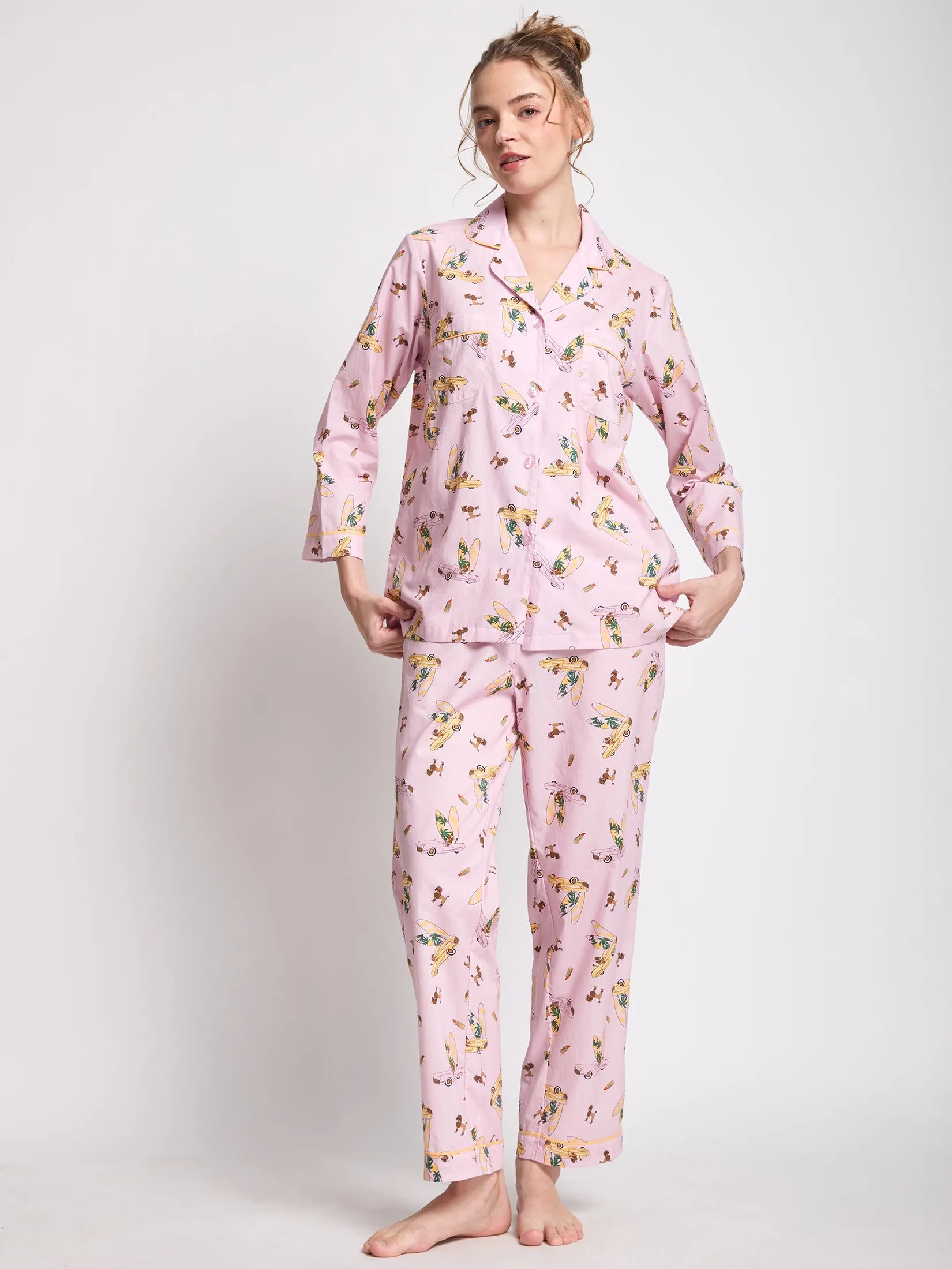 FOF Women Pyjamas Shirt Long Sleeves Collar Neck + Pants Print Light Pink