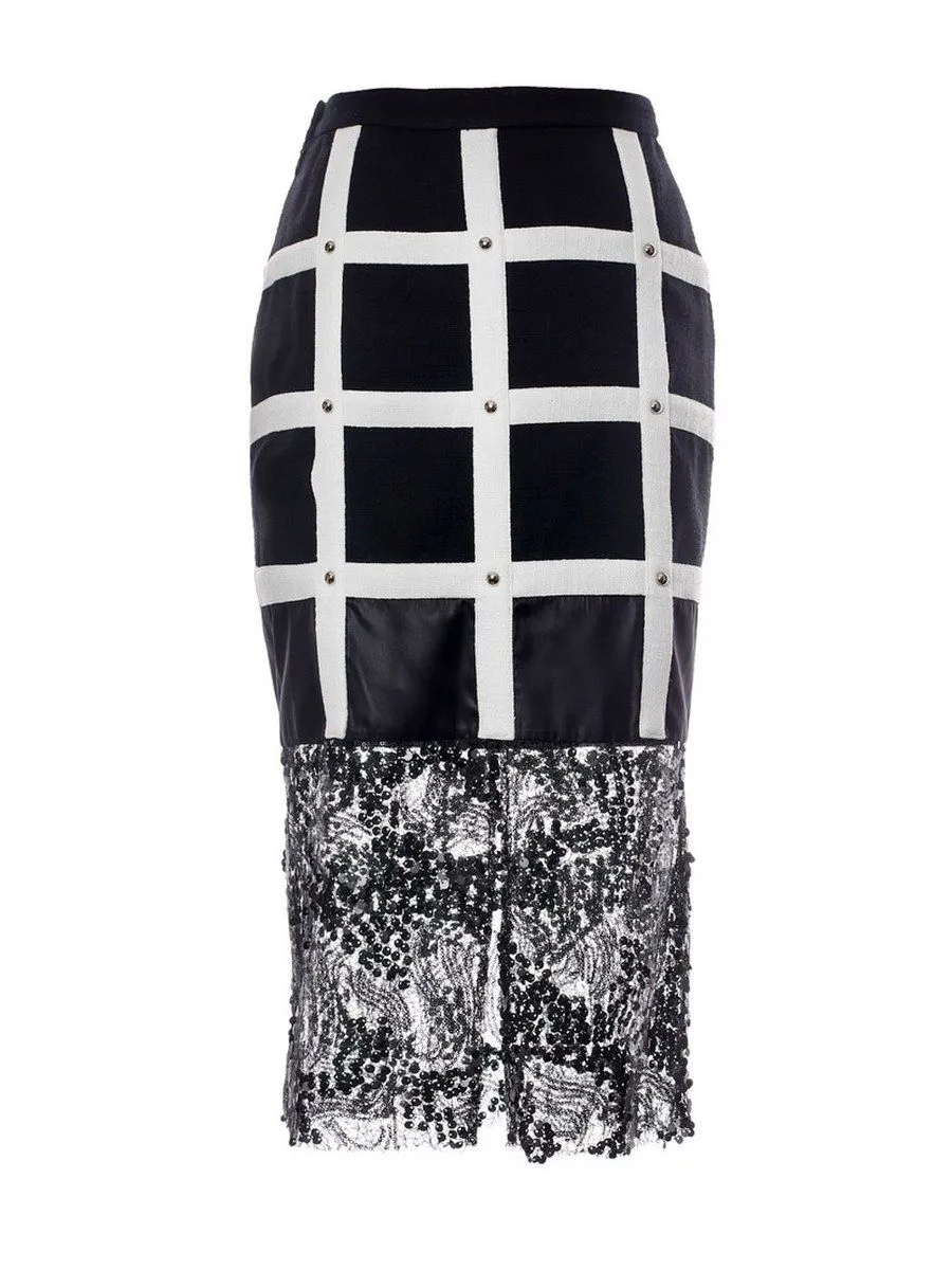 SENADA WOMEN BLACK STUDDED SKIRT WITH SEQUIN LACE