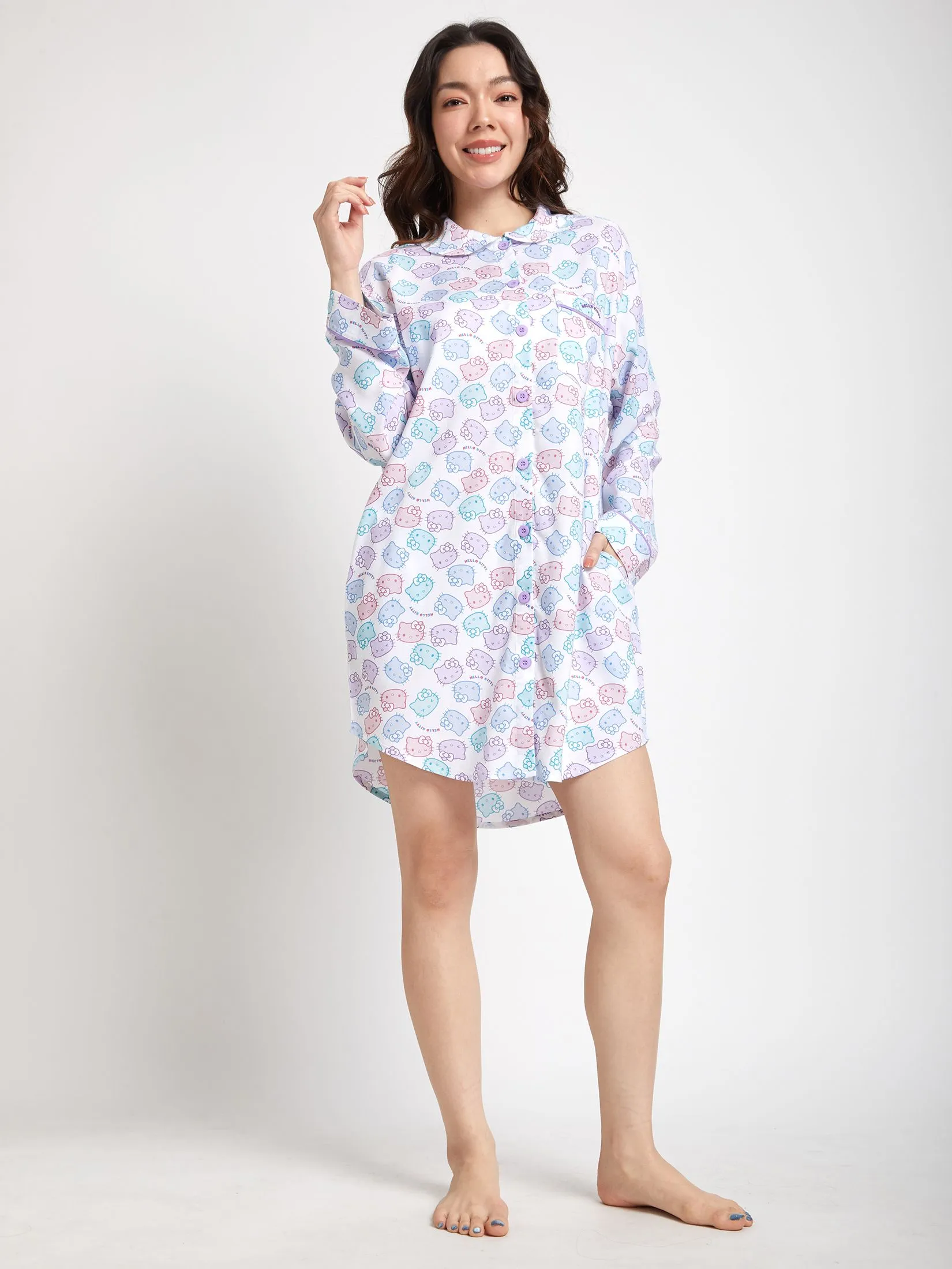 SANRIO Women Pyjamas Dress Collar Neck Long Sleeves Rainbow Face Hello Kitty Off White