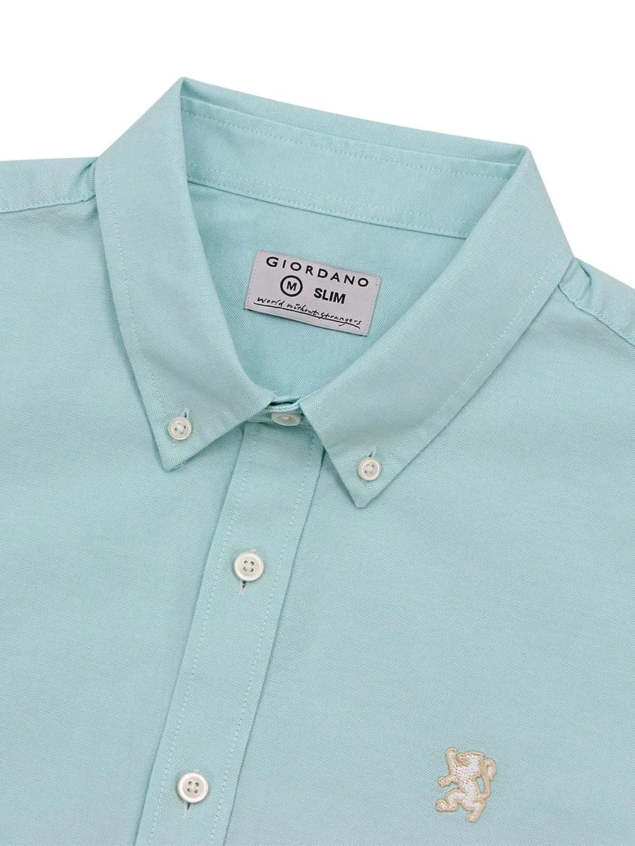 GIORDANO Men's Long Sleeve Embroidery Oxford Shirt Teal Green