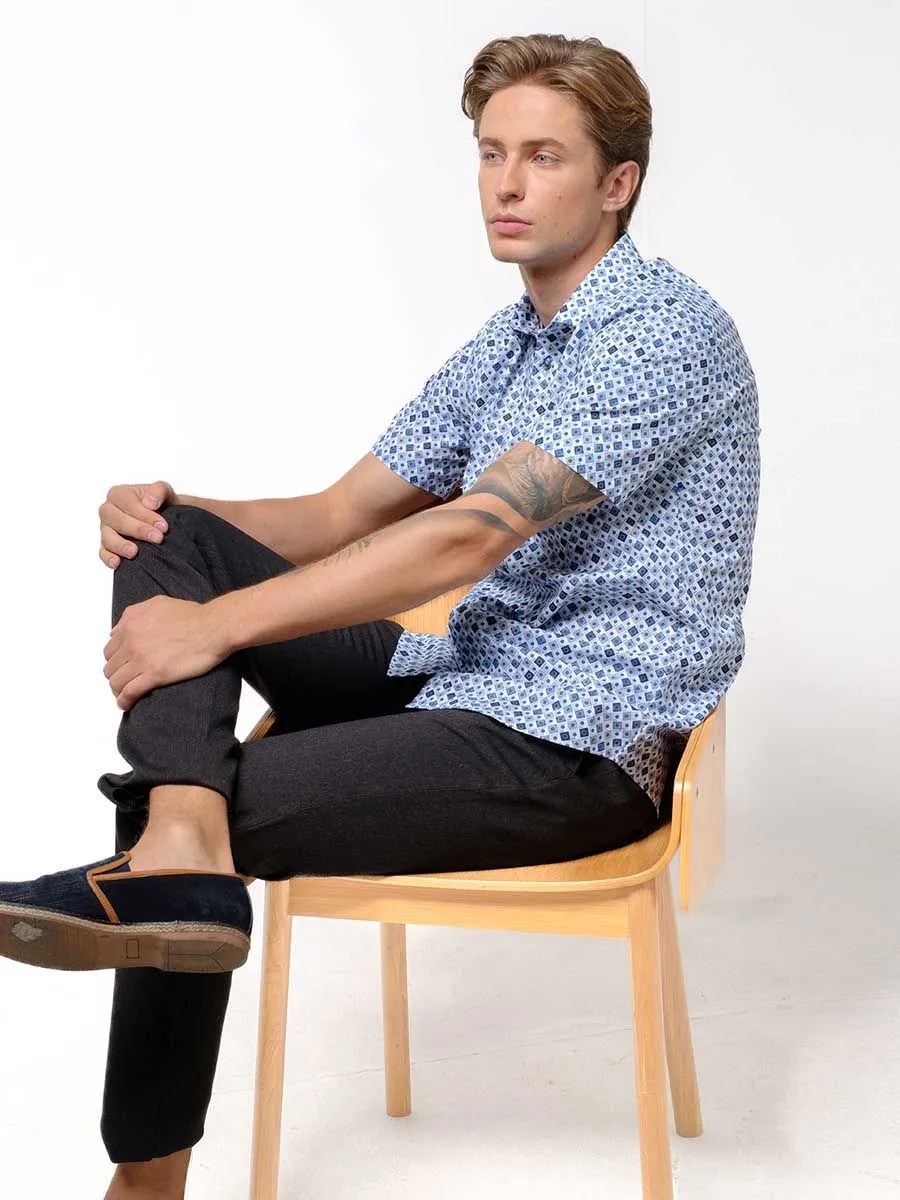OLYMP MEN SHIRT  SHORT SLEEVES   MODERN FIT BLUE GRAPHIC PATTERN