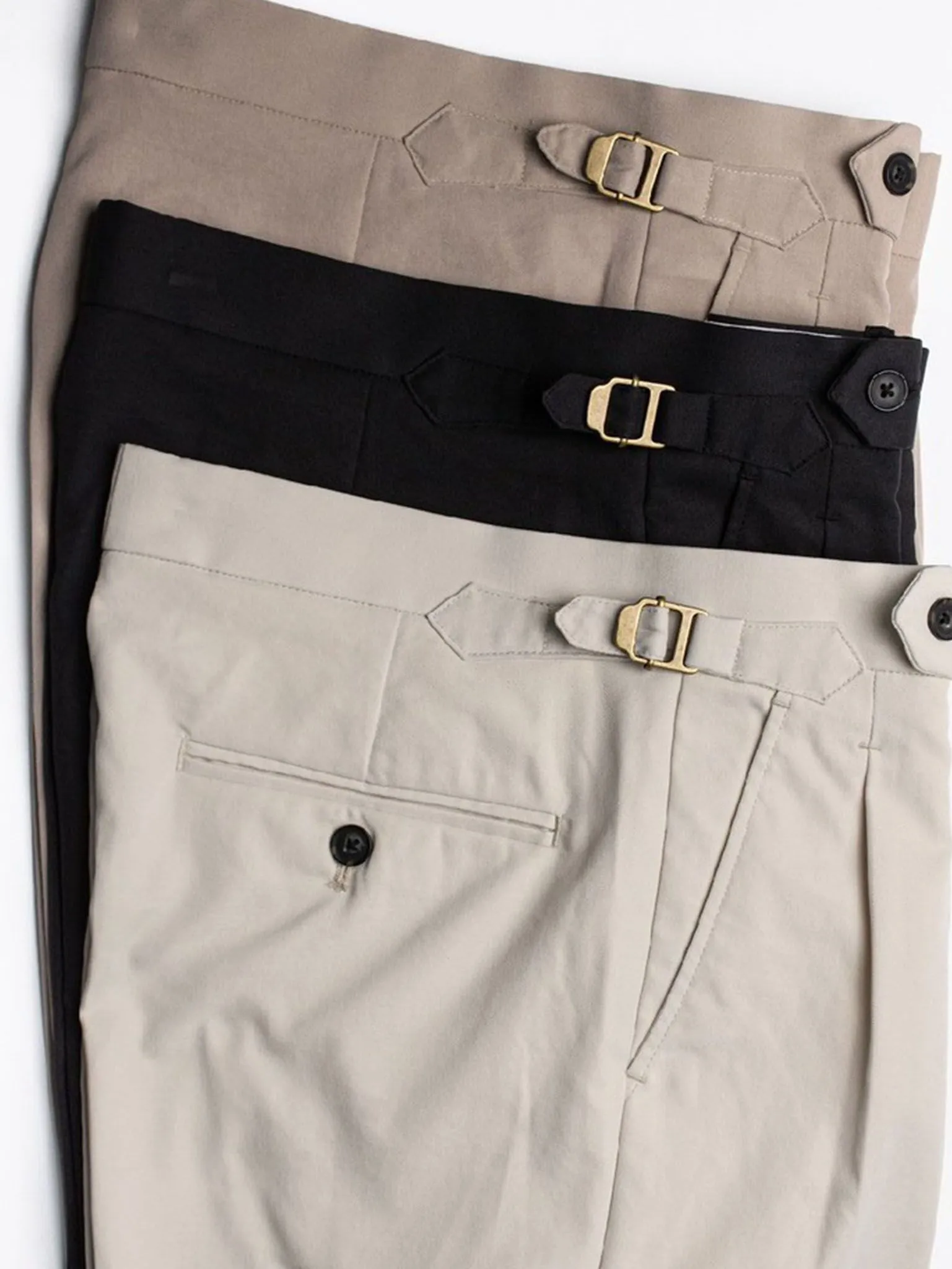 ERA-WON MEN'S PANTS DOUBLE BELTS TROUSERS GOLDEN HOOKS BEIGE