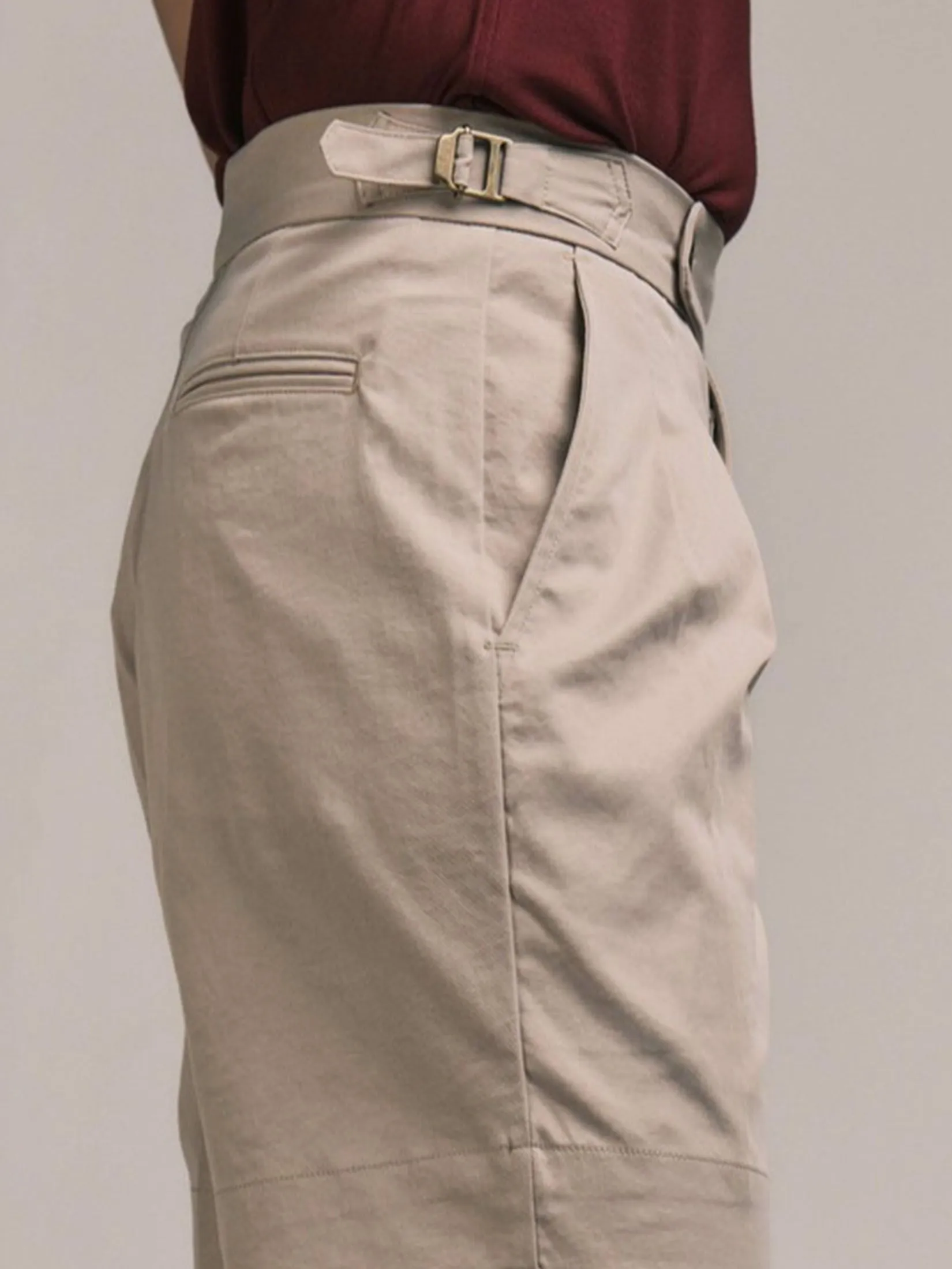ERA-WON Men's short pant Double belts Classic Shorts Beige