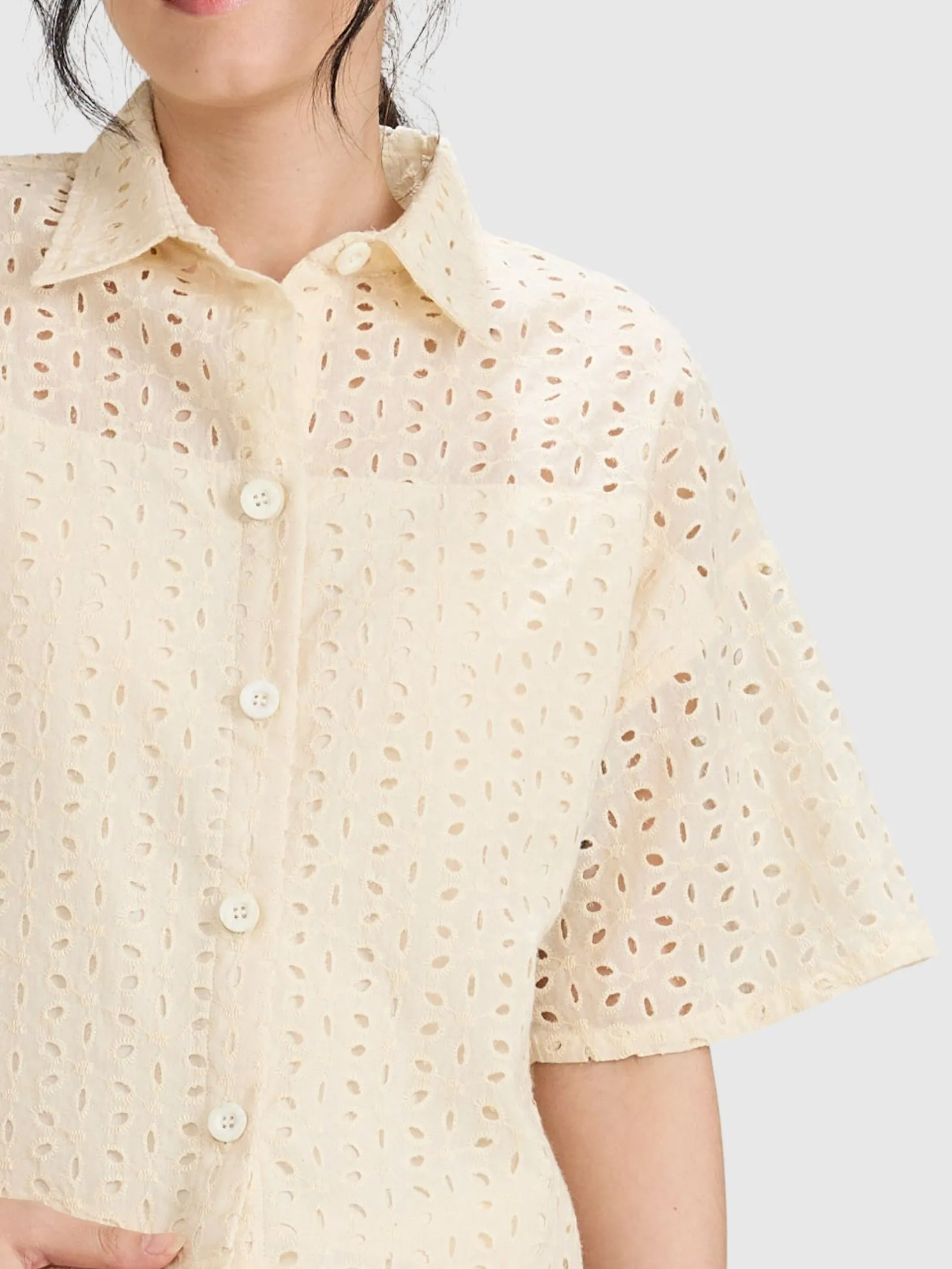 AMILA Women Shirt Short Sleeves Cotton Embroidery Cream