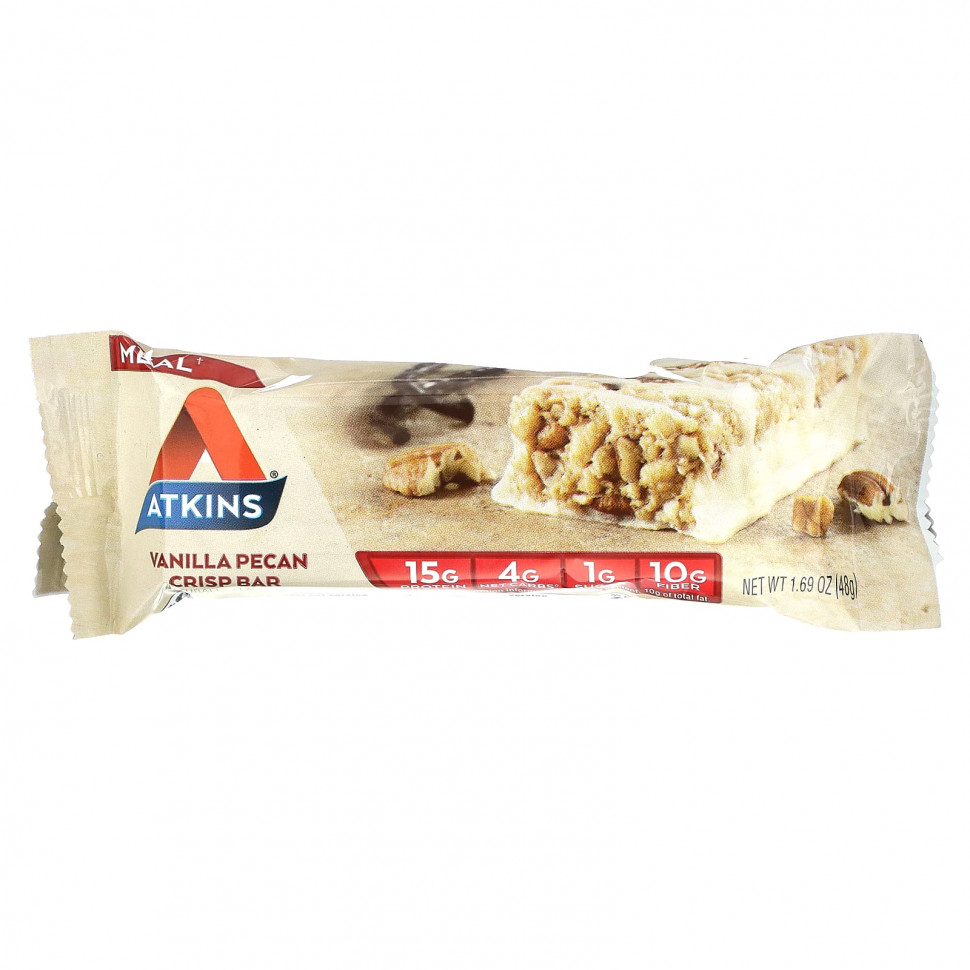 Atkins, Protein Meal Bar, Vanilla Pecan Crisp Bar, 5 Bars, 1.69 oz (48 g) Each