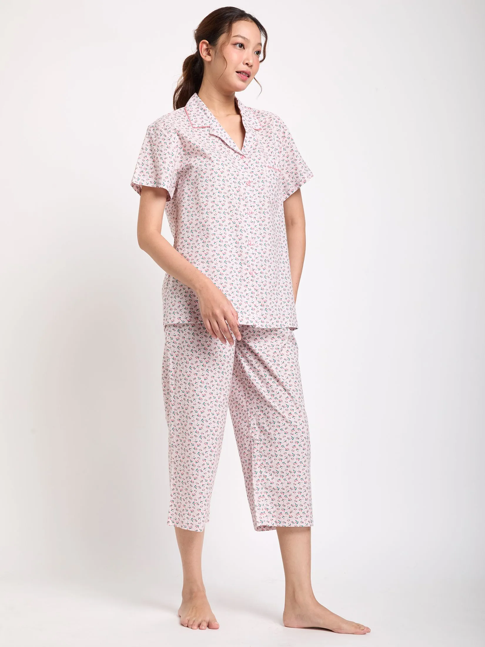 CLAUDIA'S ROMANCE Women Pyjamas Hawaii Shirt Short Sleeves + Cropped Pants Pink