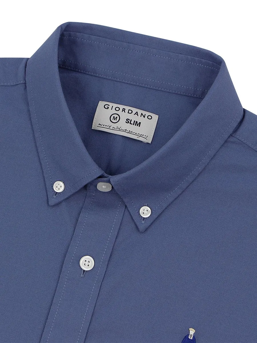 GIORDANO Men's Slim Embroidery Stretch Oxford Shirts (Classic Man) Dark Blue Navy