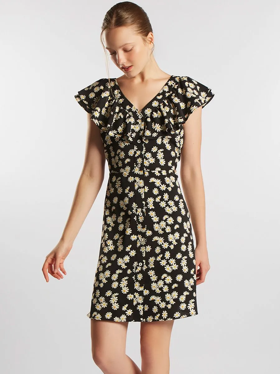 ESP Floral Print  Dress with Ruffle Detail Women Black